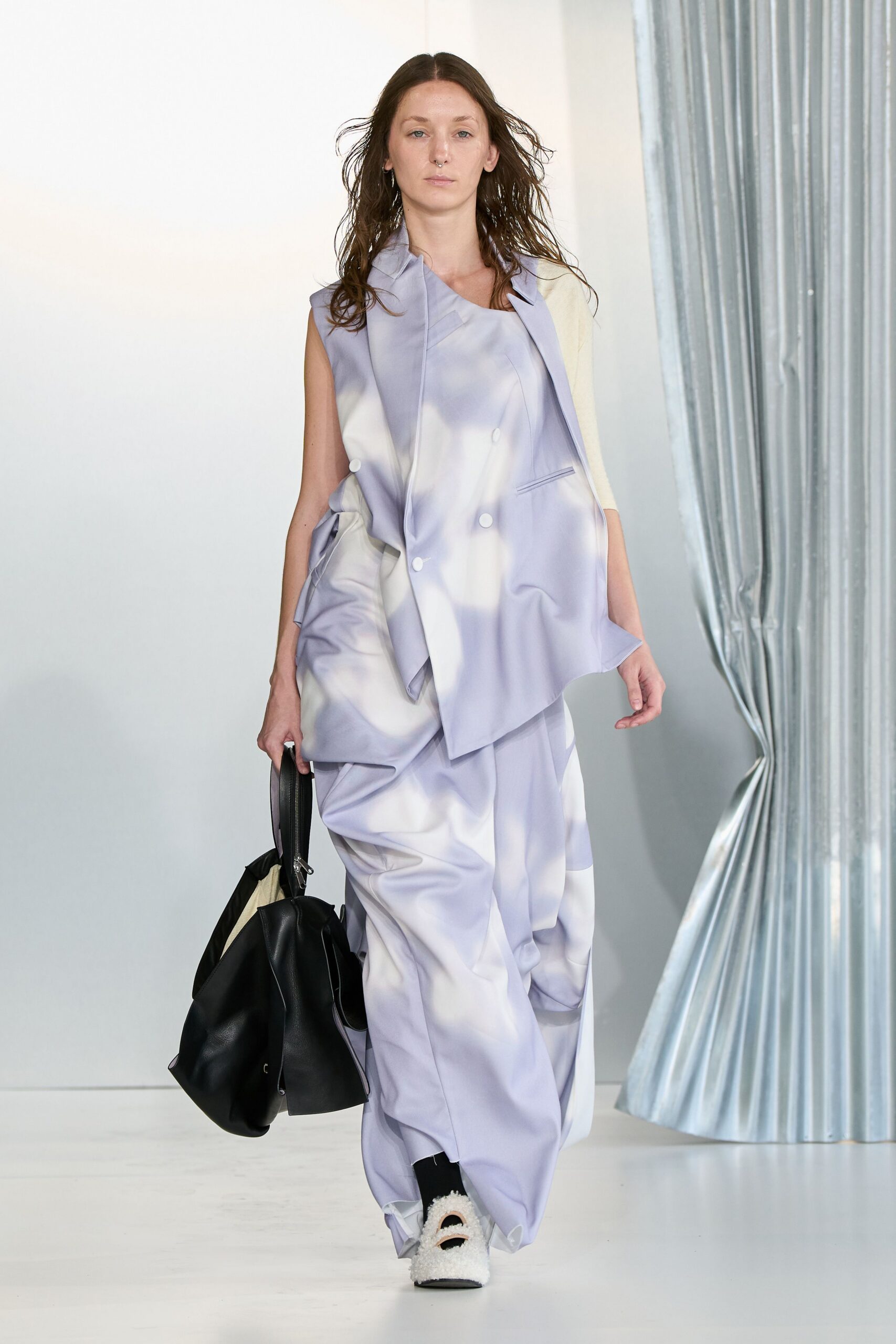 lavender cotton sleeveless double-breasted relaxed draped jacket