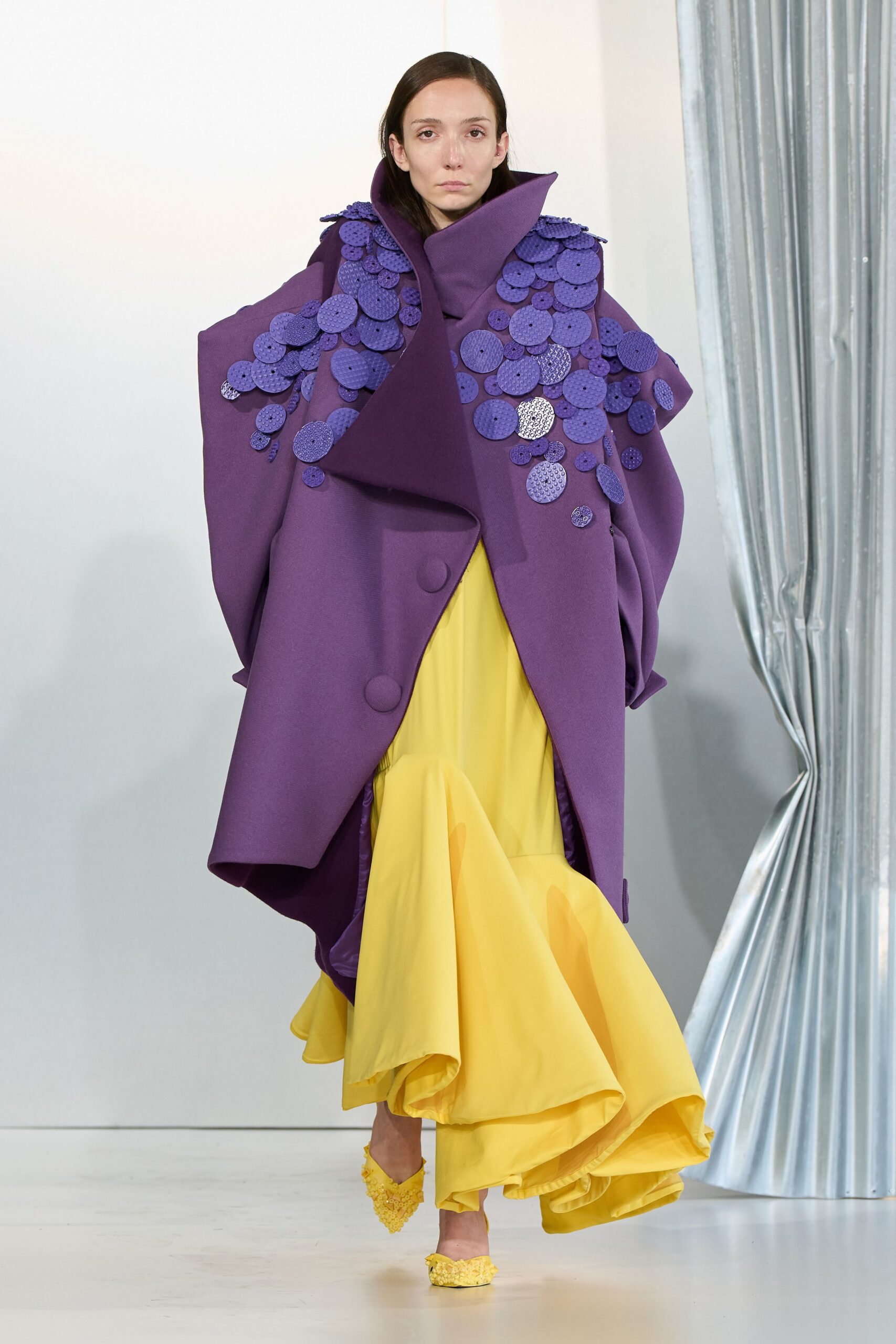 purple oversized coat yellow dress