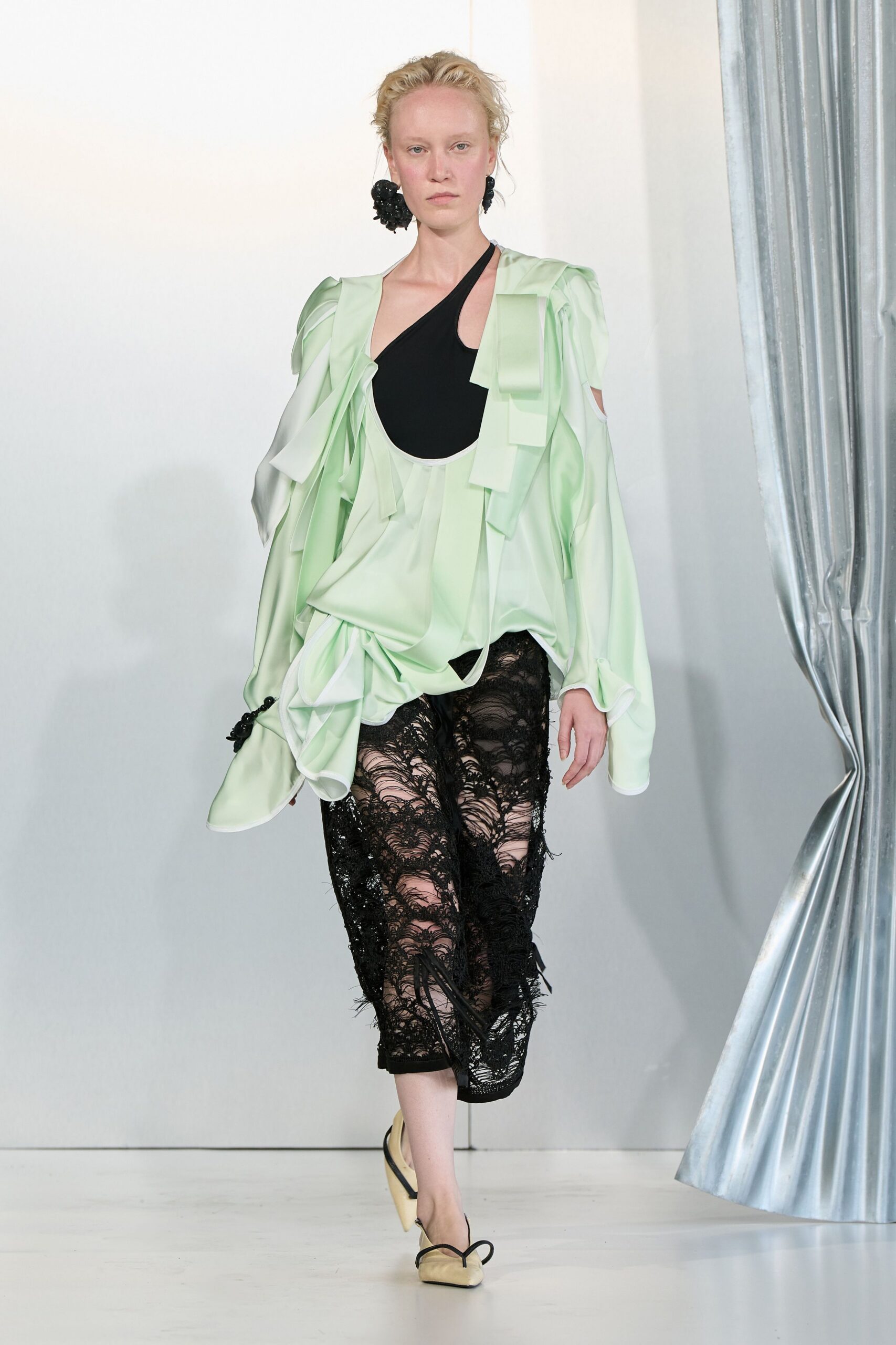 green silk long-sleeve v-neck relaxed ruffled top