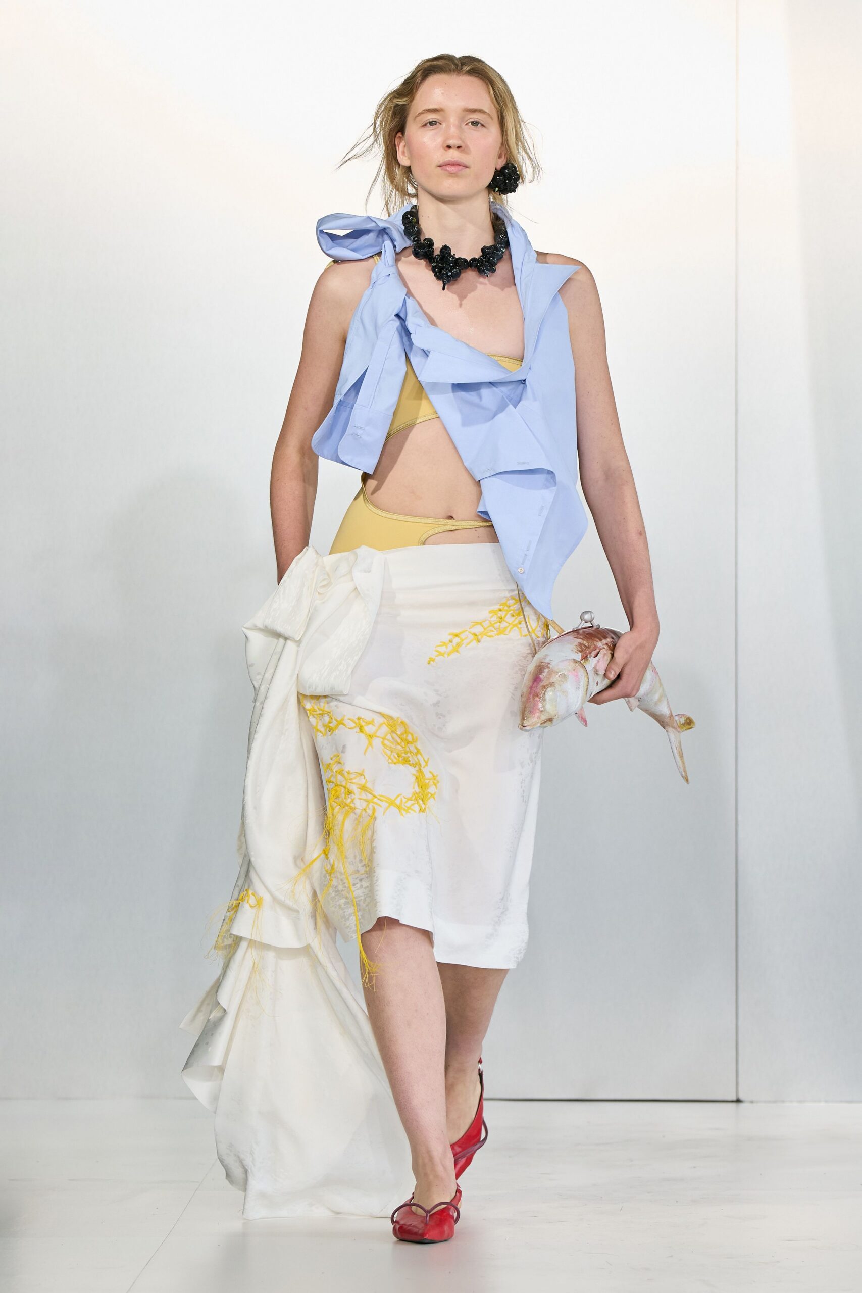 blue pink layered top with white skirt