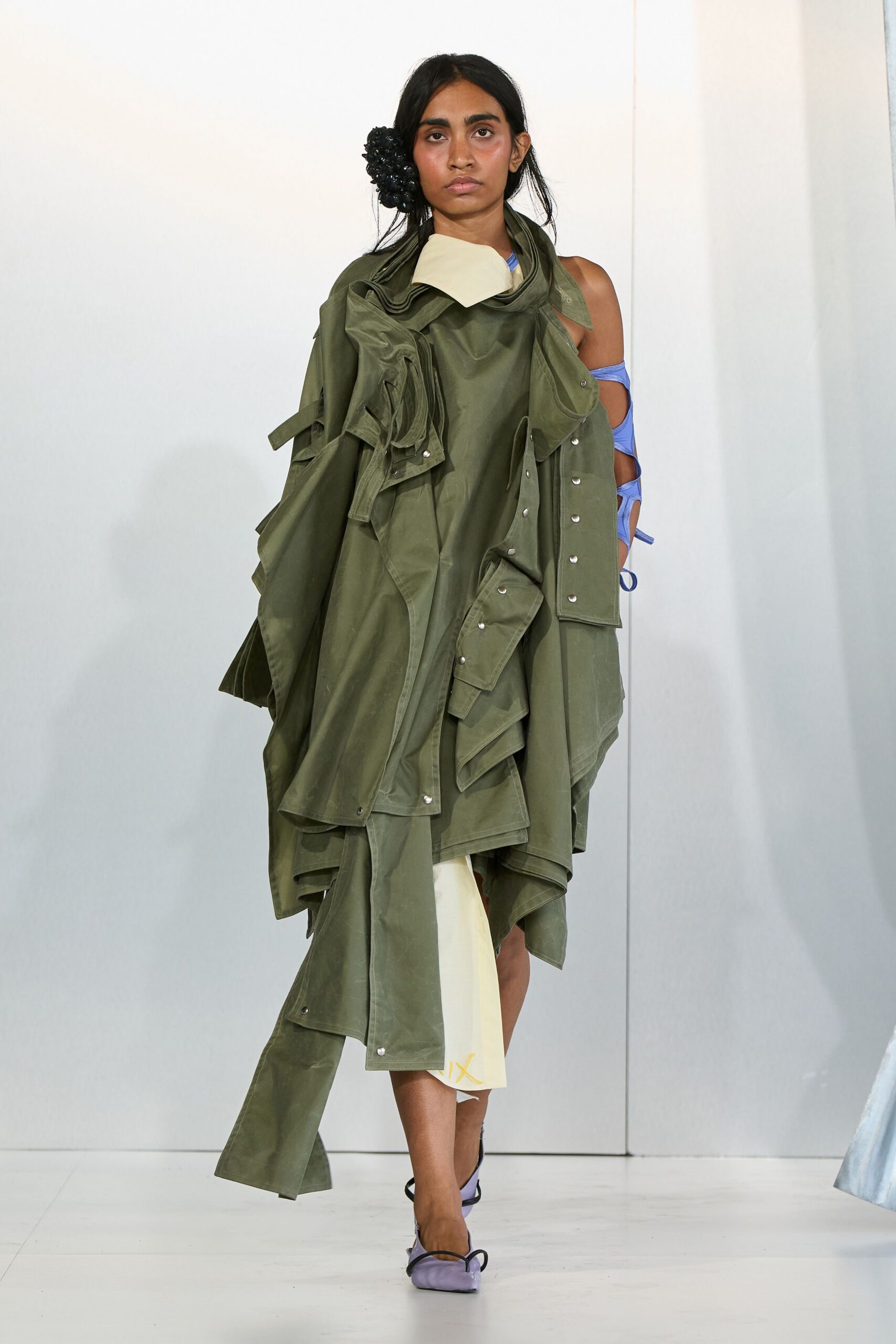 green cotton sleeveless relaxed layered draped midi dress