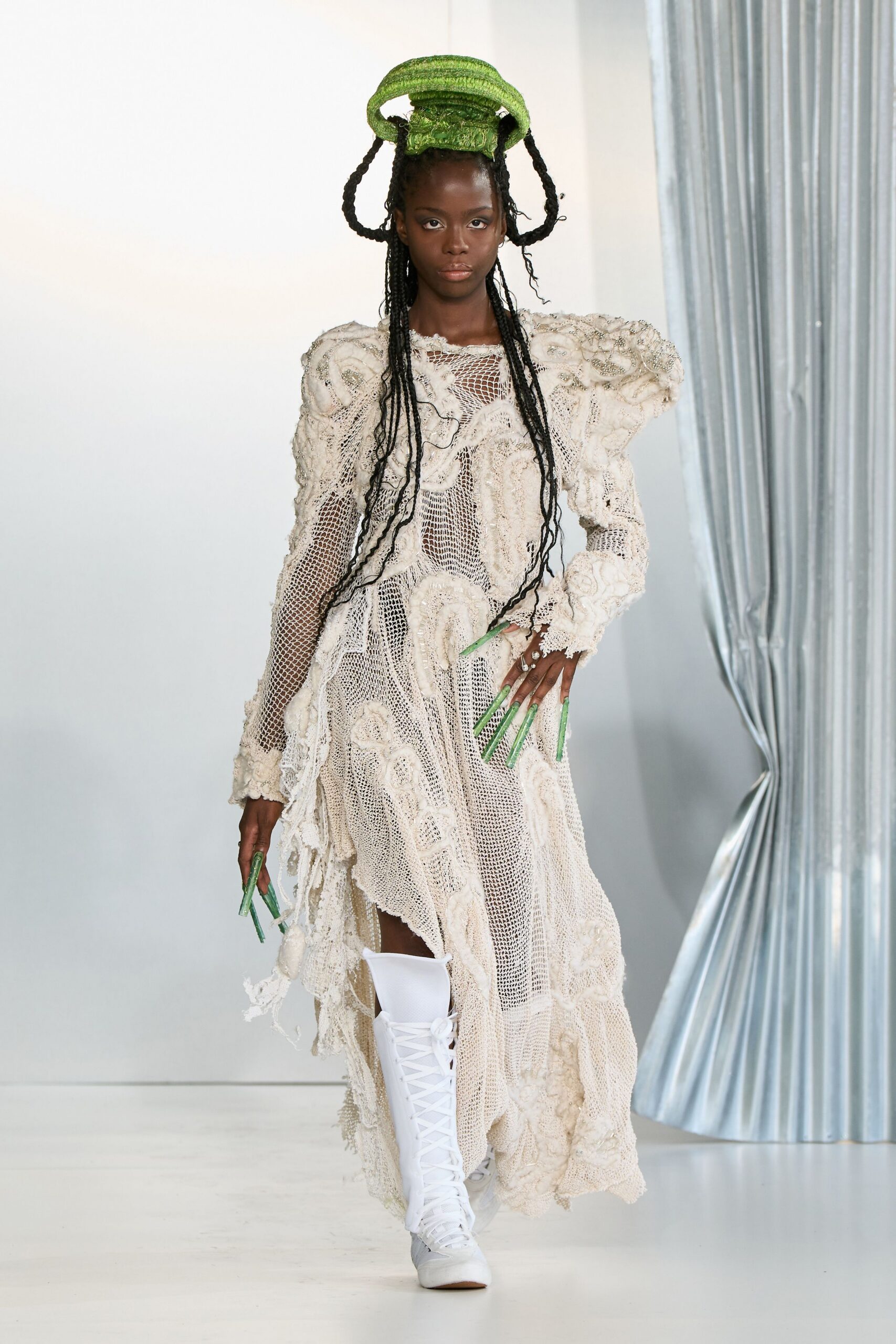 beige lace long-sleeve v-neck fitted layered fringed dress