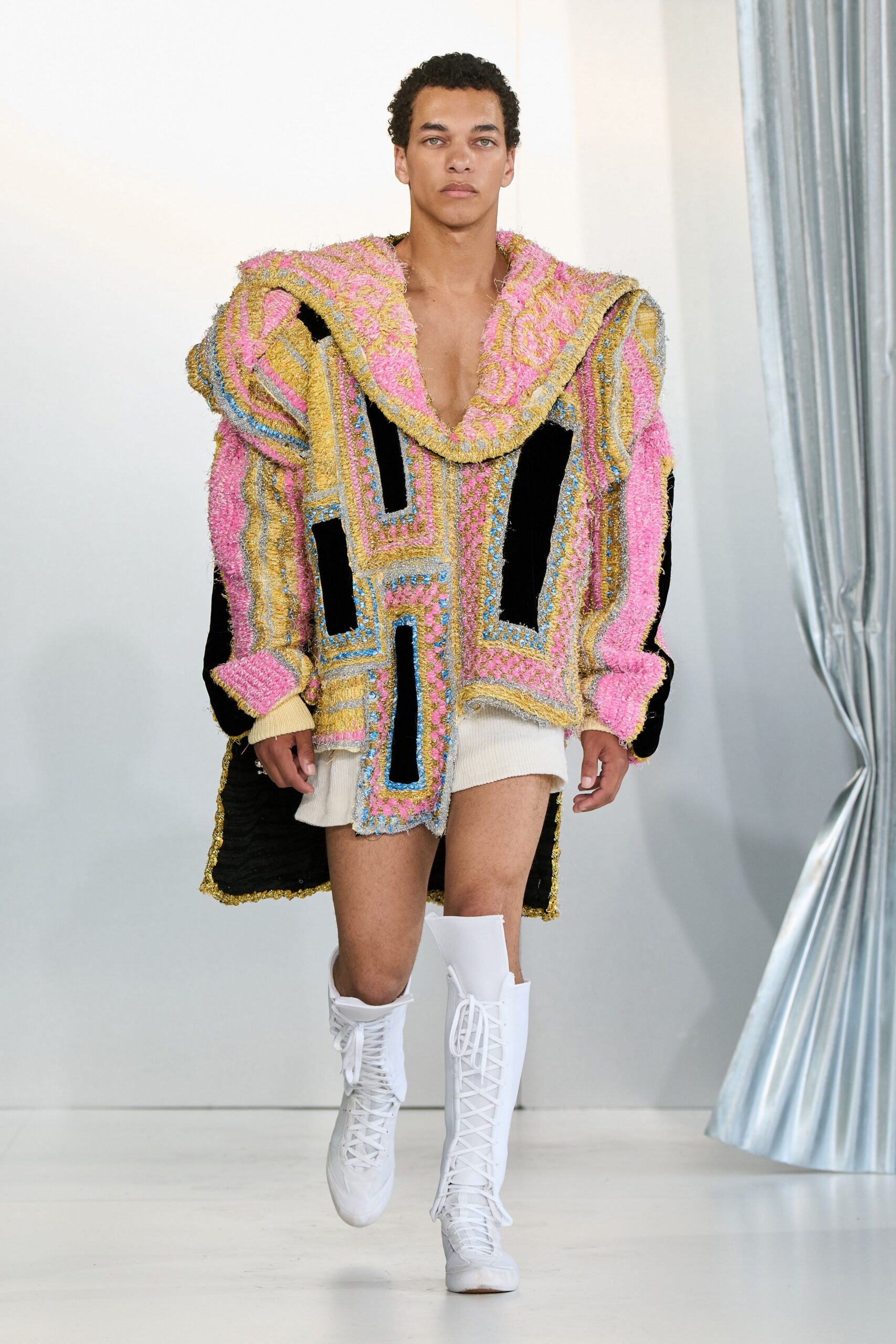 pink cotton long-sleeve v-neck oversized embroidered layered jacket