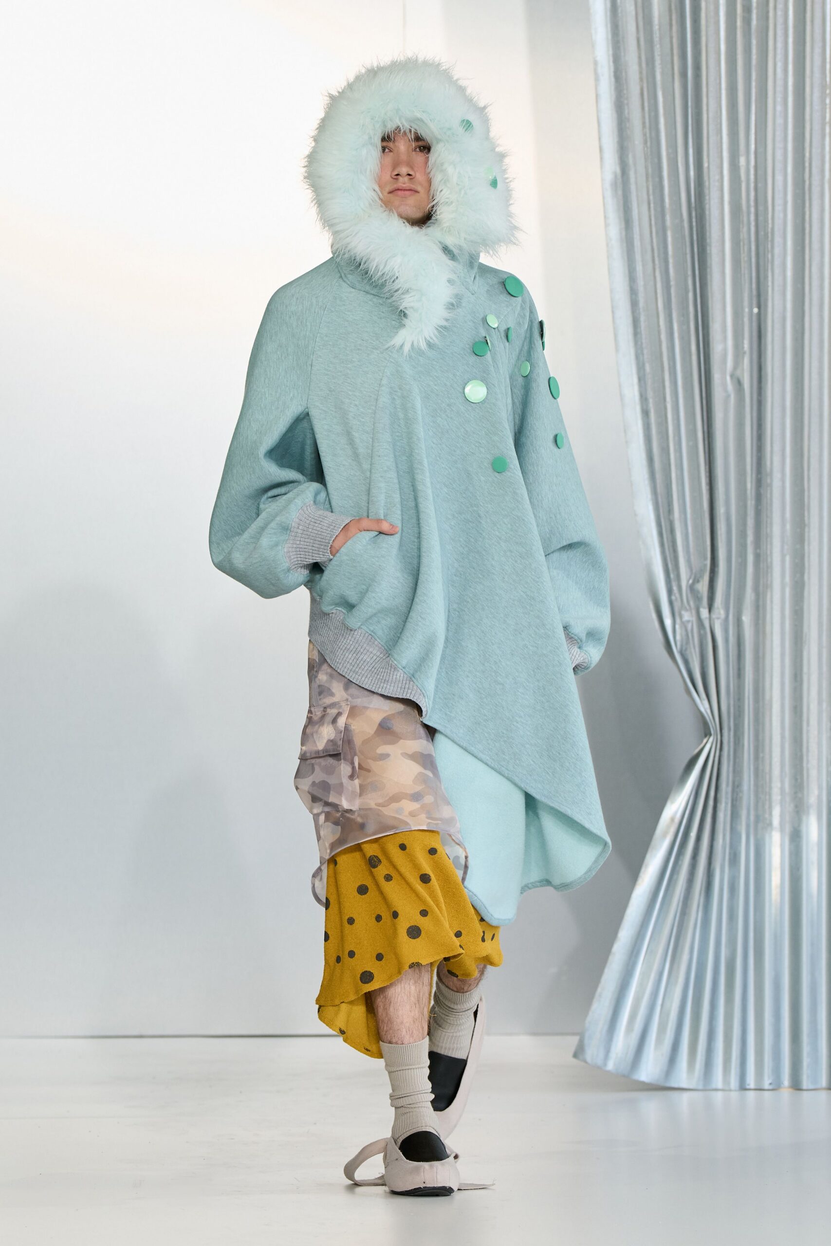 blue wool sleeveless relaxed draped poncho
