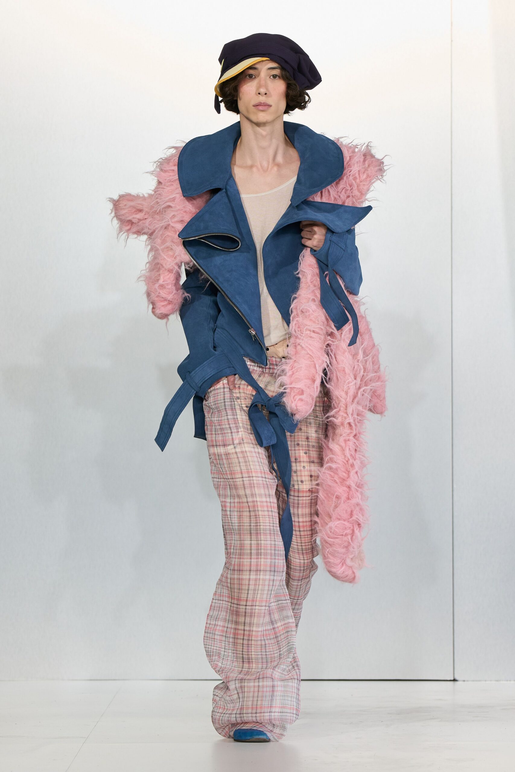 blue suede long-sleeve relaxed fringed coat