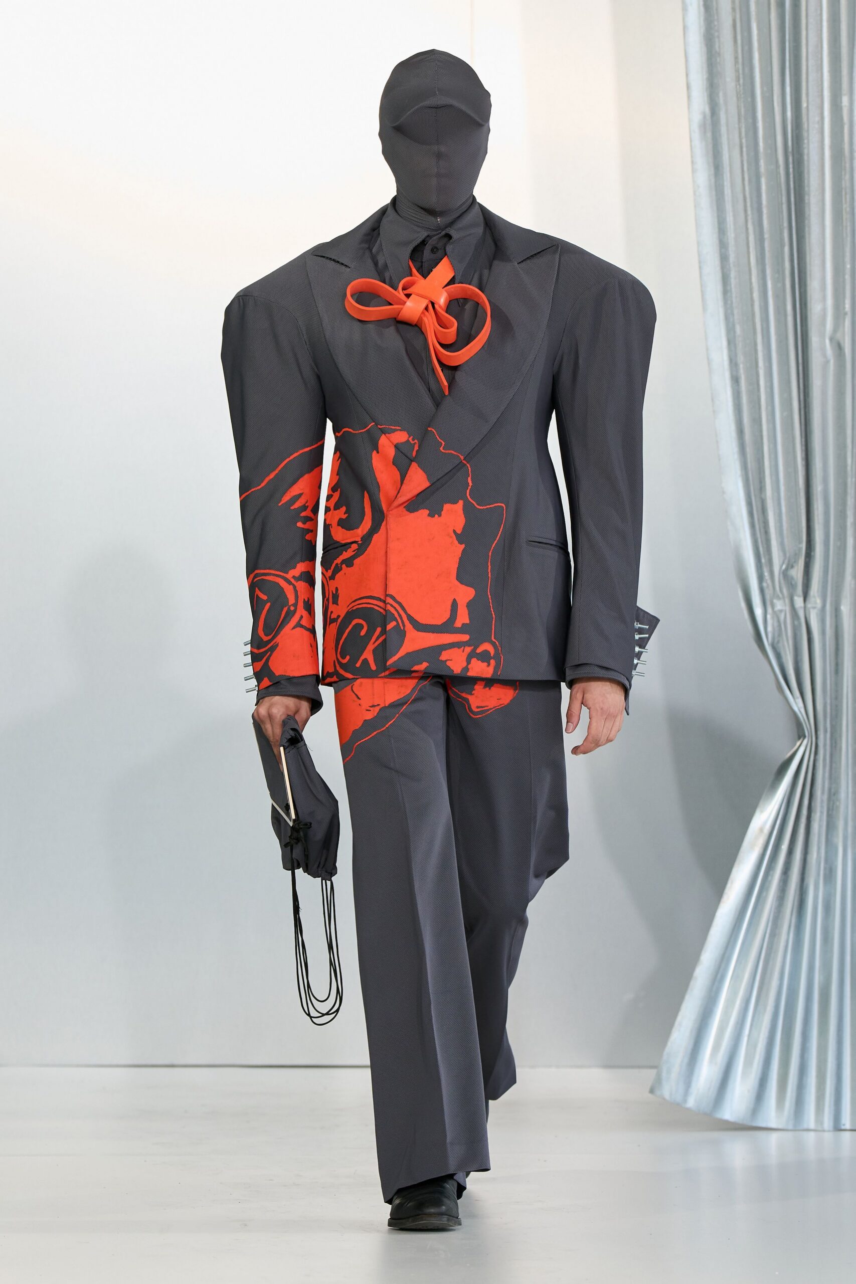 gray cotton long-sleeve collared structured embroidered zippered suit