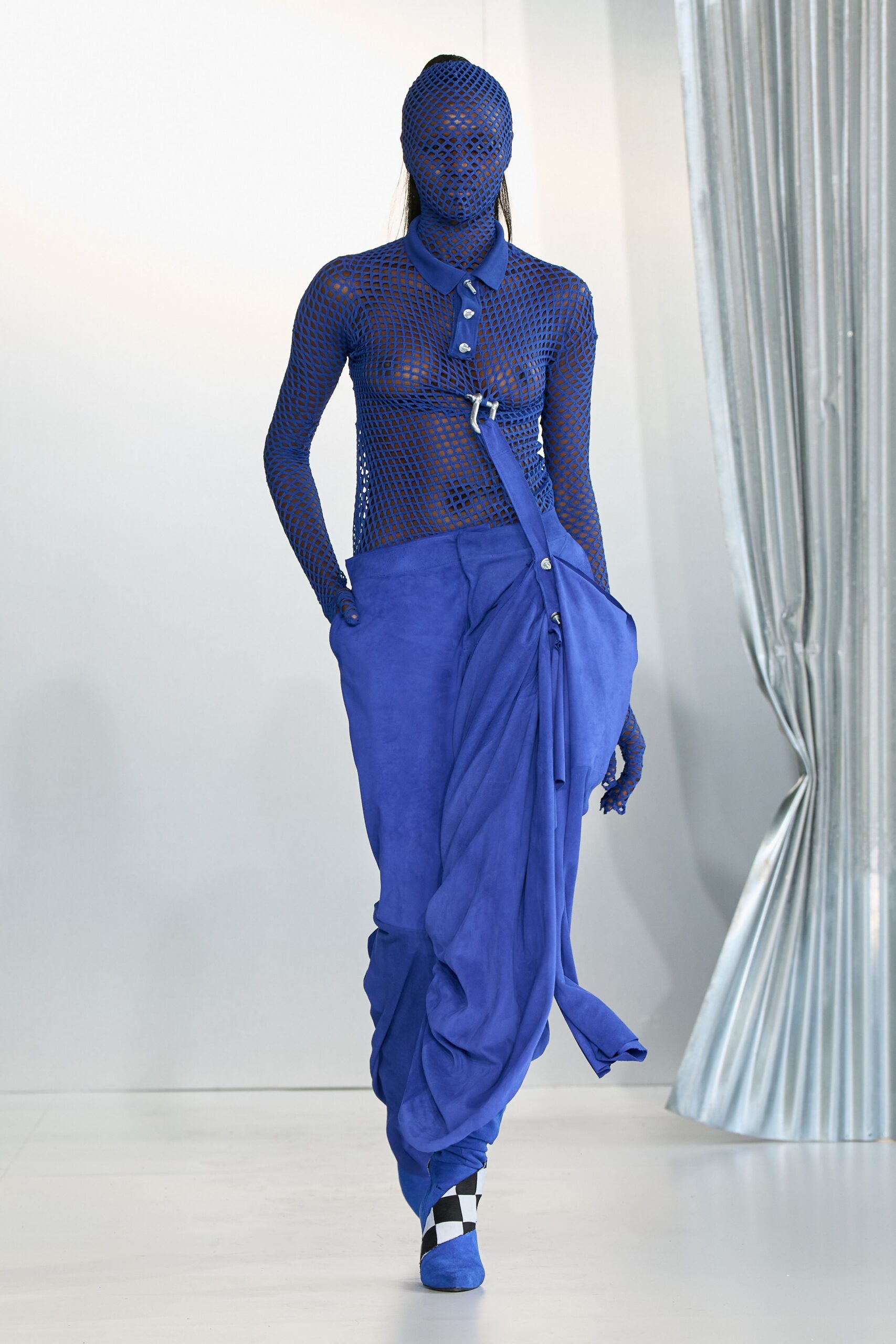 blue mesh long-sleeve collared fitted textured top