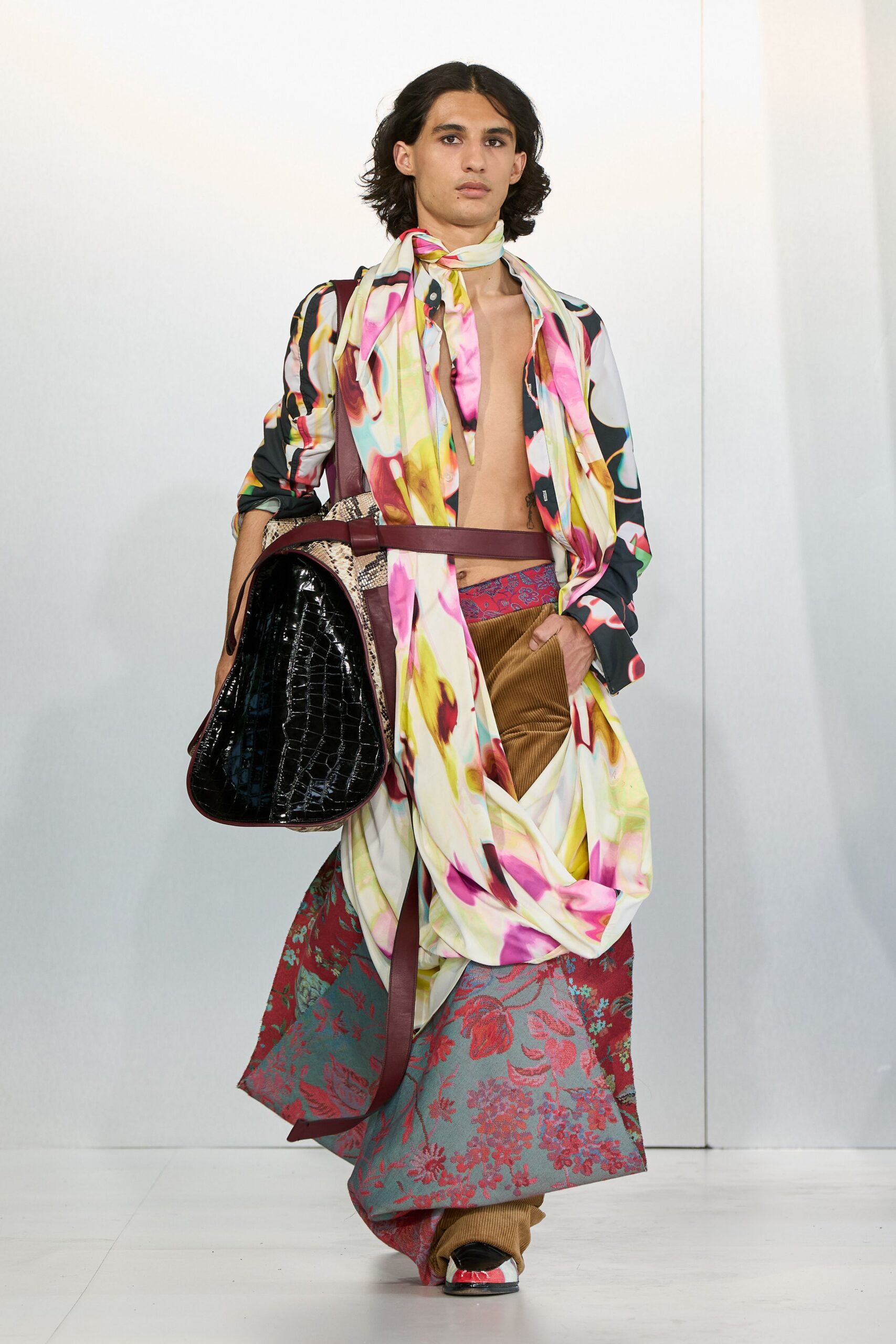 multi silk long-sleeve v-neck fitted floral layered dress