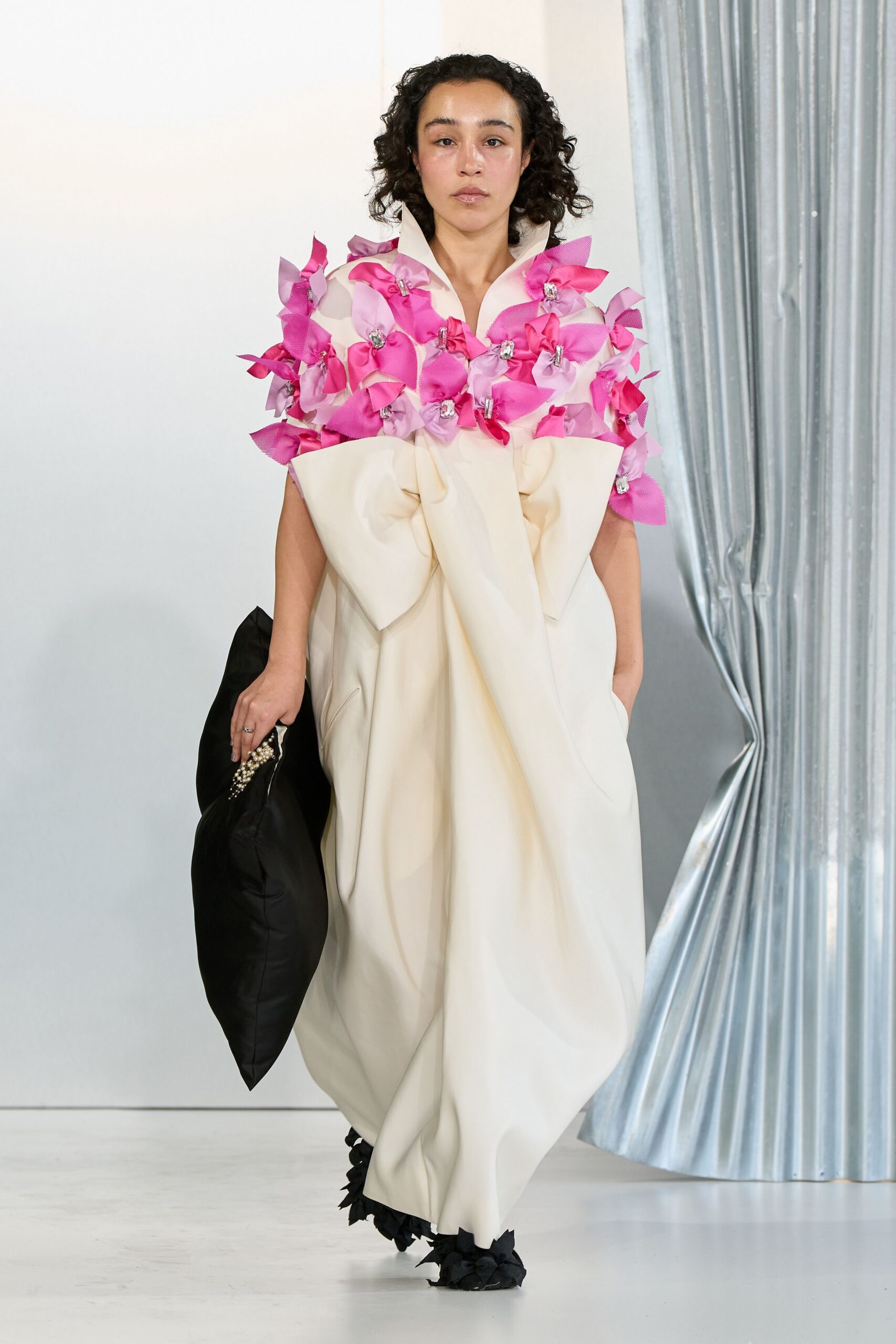white silk sleeveless v-neck fitted floral layered gown