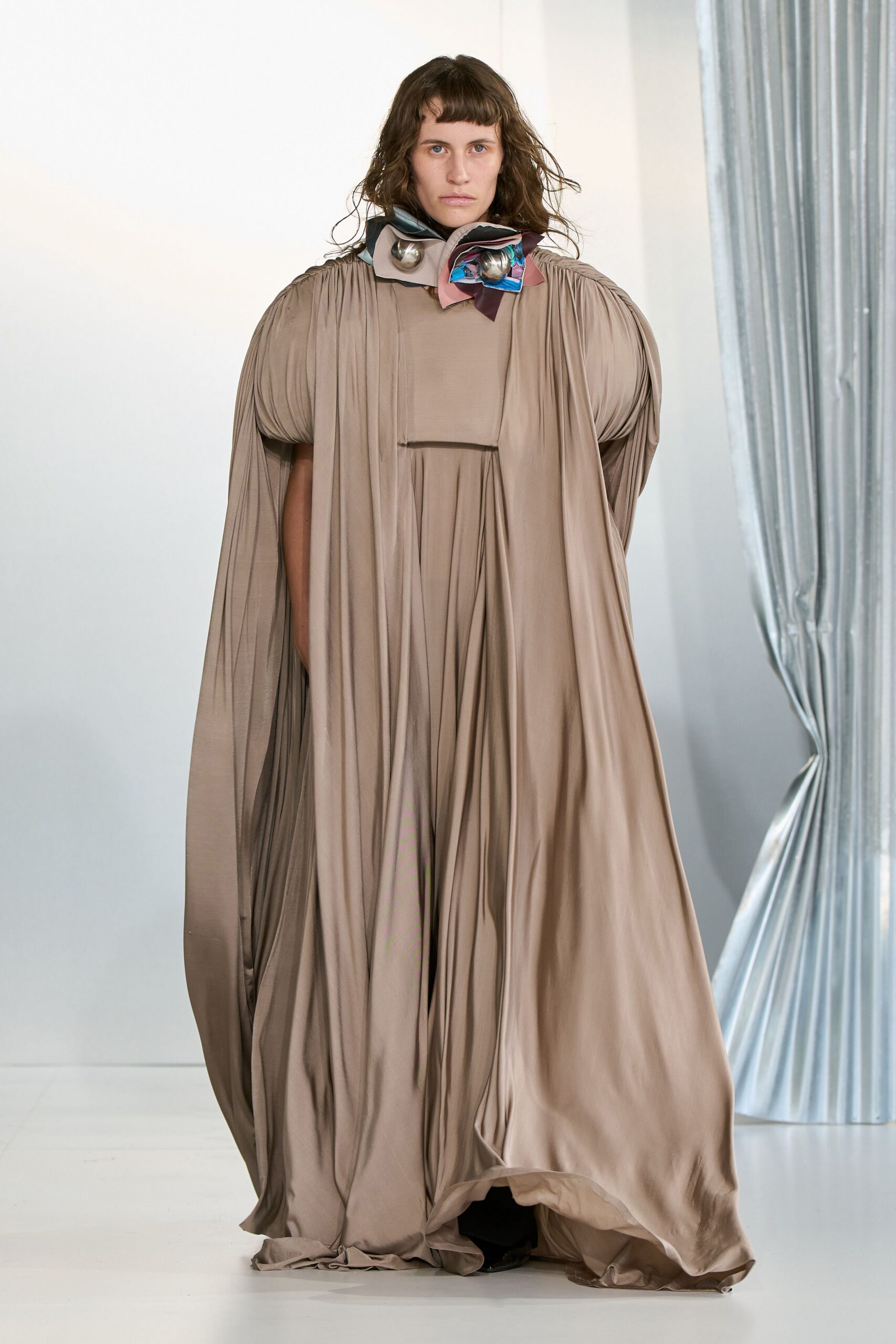 beige silk sleeveless gown