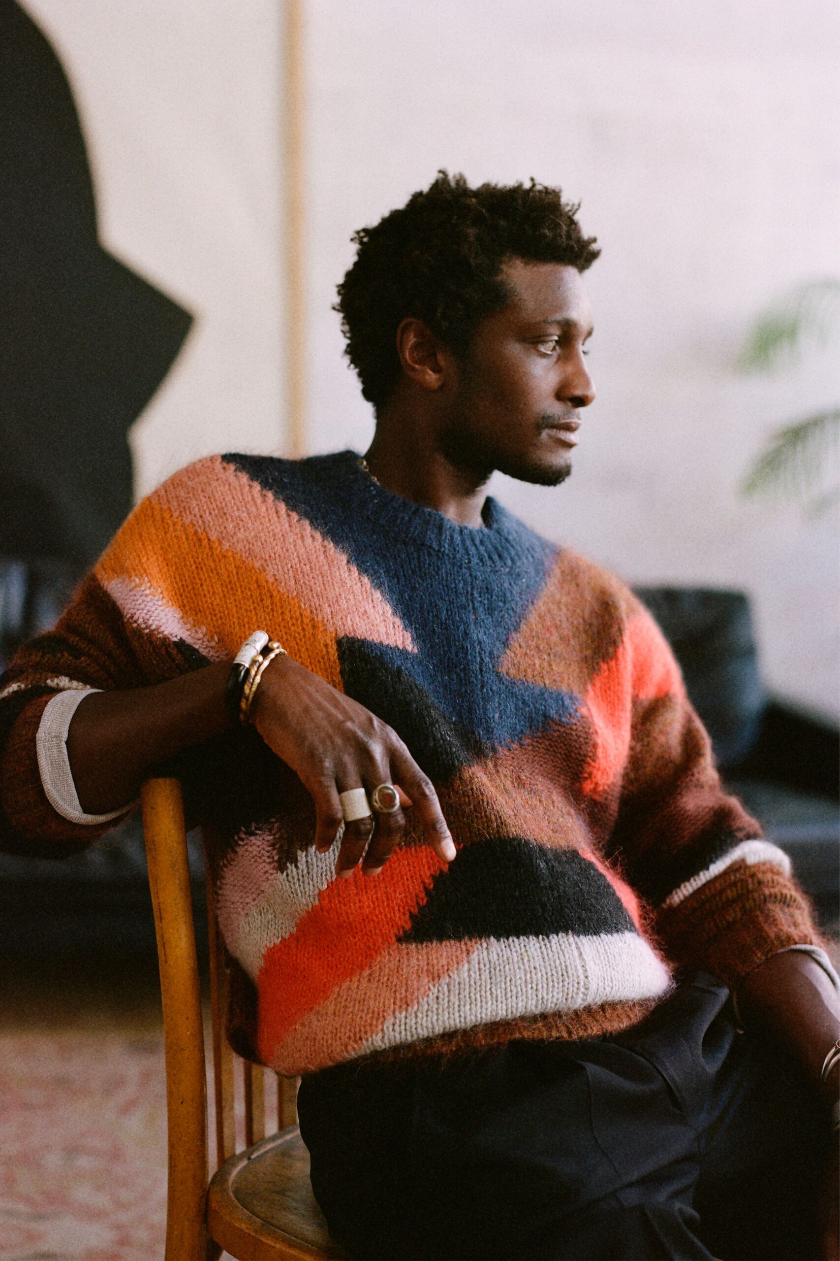 orange wool long-sleeve collared relaxed color-blocked sweater