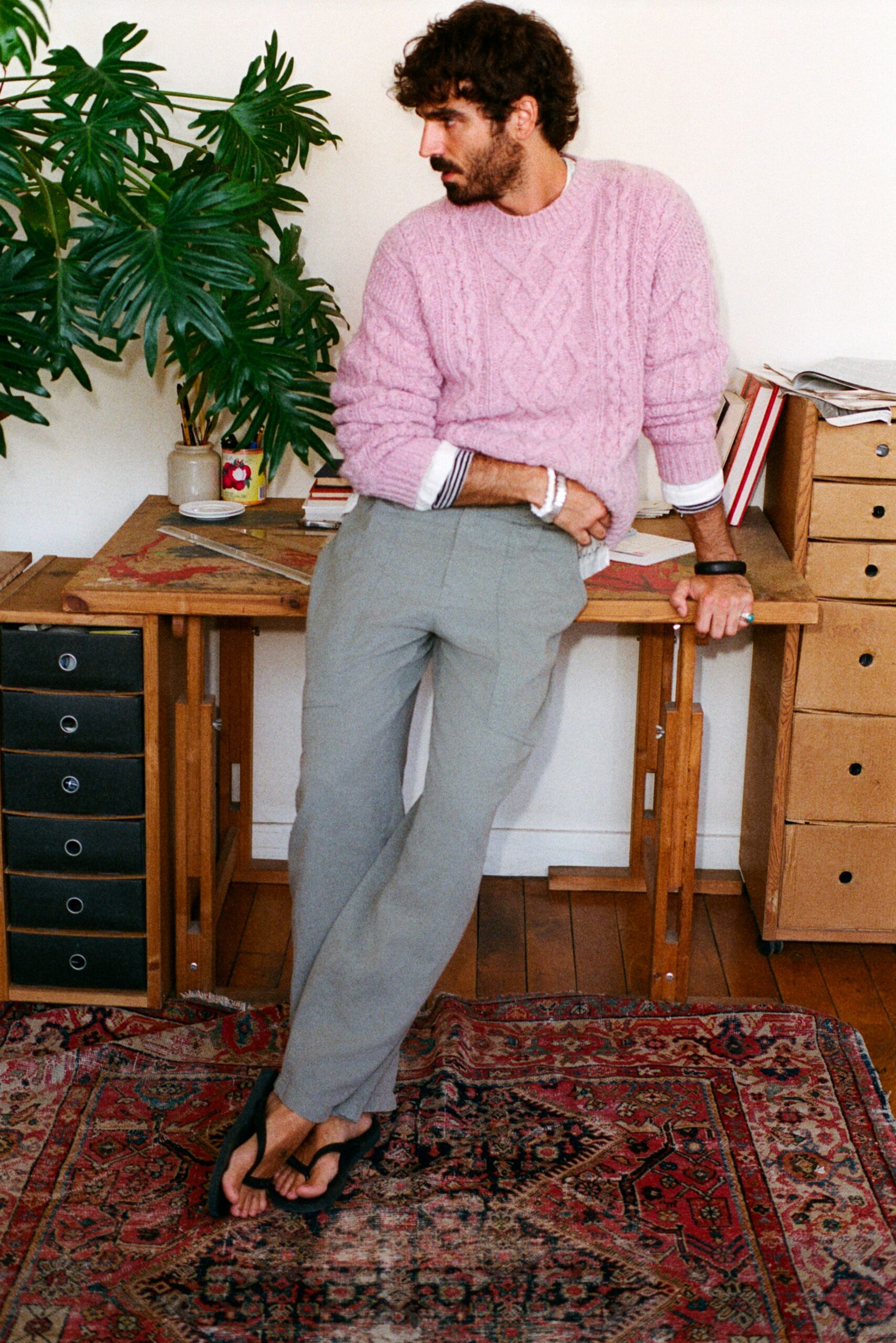 pink wool long-sleeve collared fitted ribbed sweater