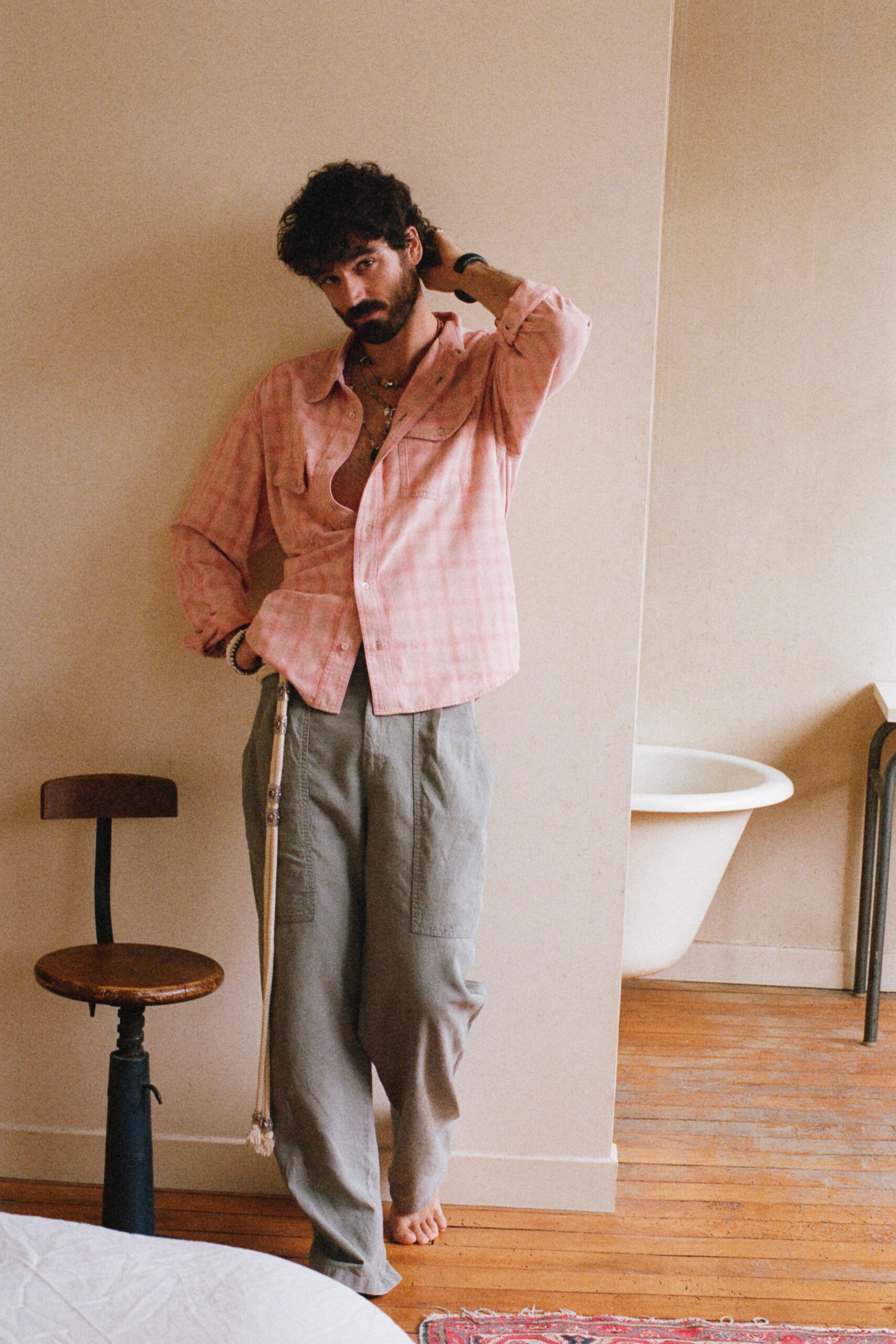 pink cotton long-sleeve collared relaxed checked shirt