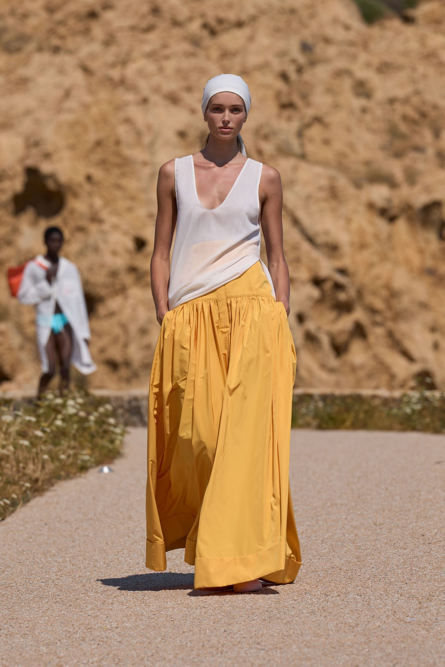 yellow cotton fitted pleated maxi skirt