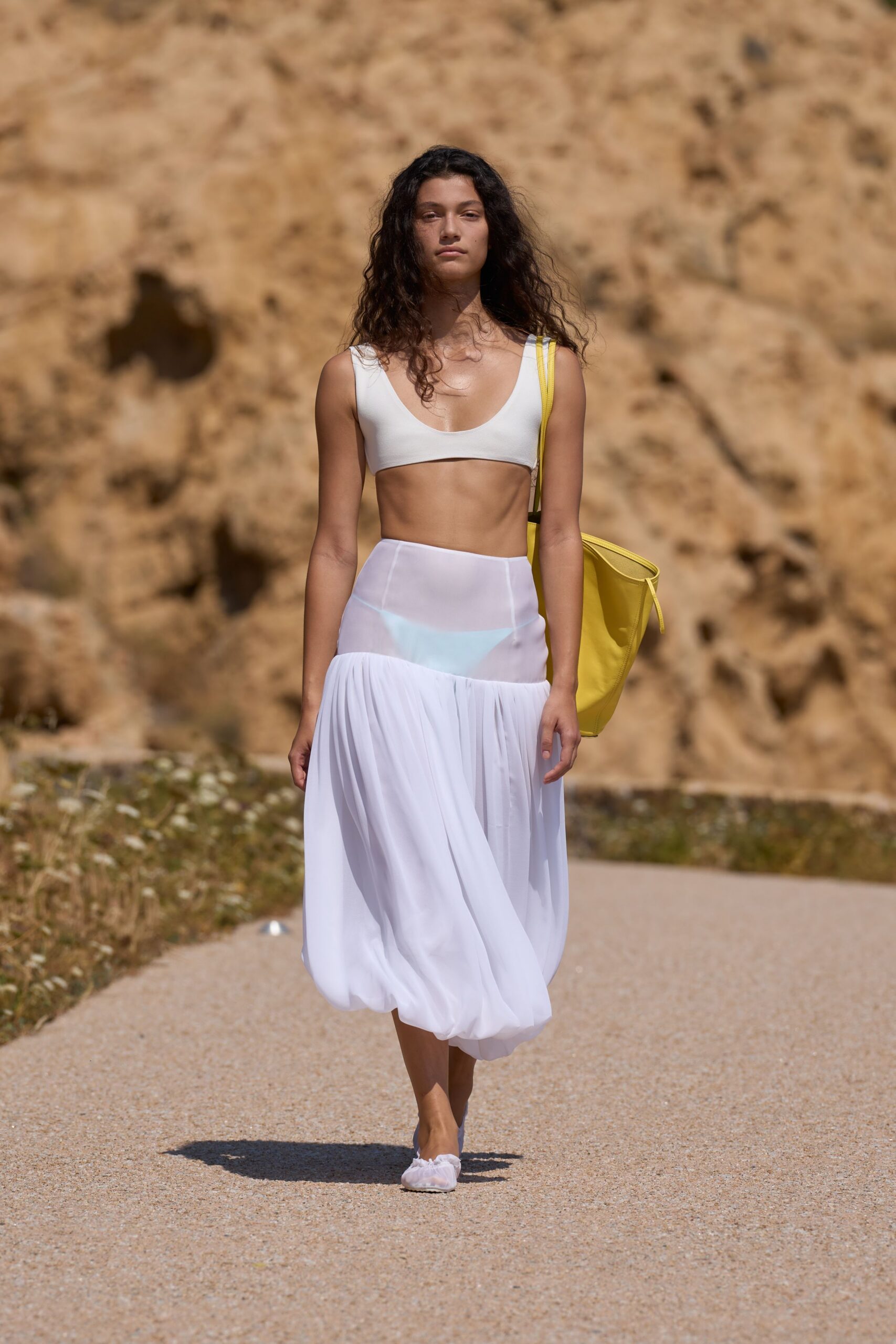 white chiffon relaxed pleated flowing midi skirt