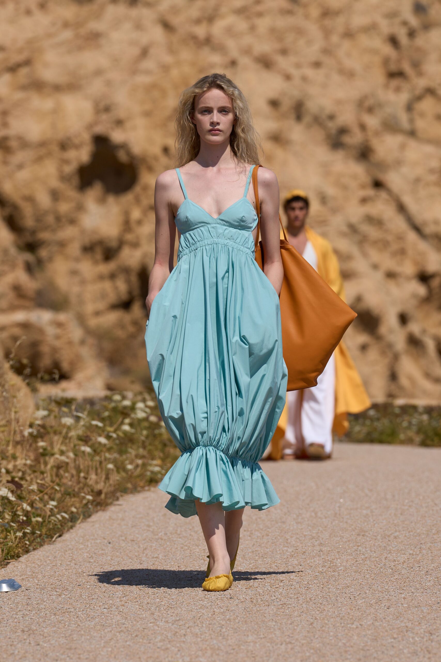 blue cotton sleeveless v-neck relaxed ruffled midi dress