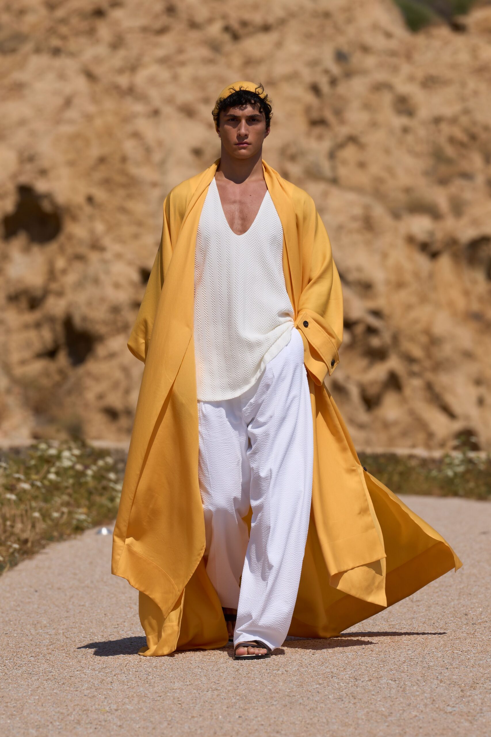 yellow silk long-sleeve v-neck relaxed draped coat