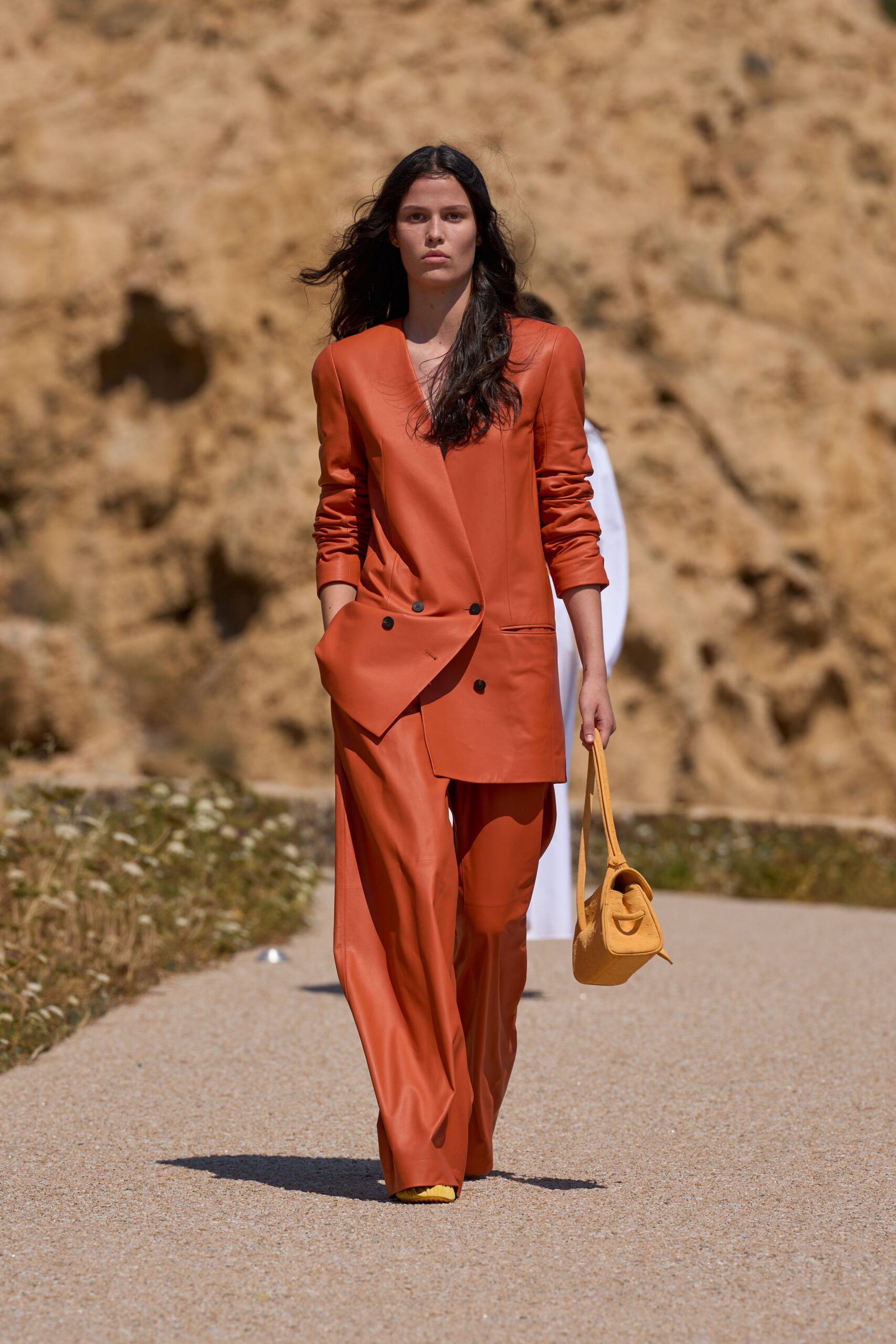 orange leather long-sleeve collared tailored buttoned blazer