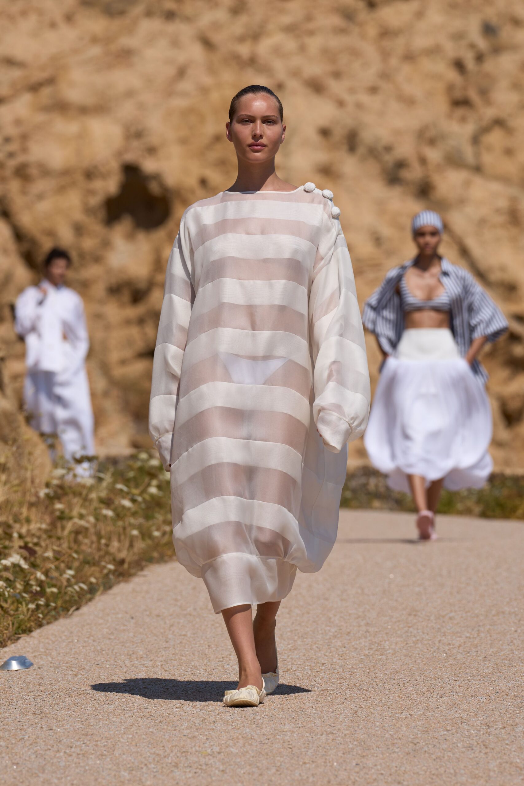 white beige striped midi dress