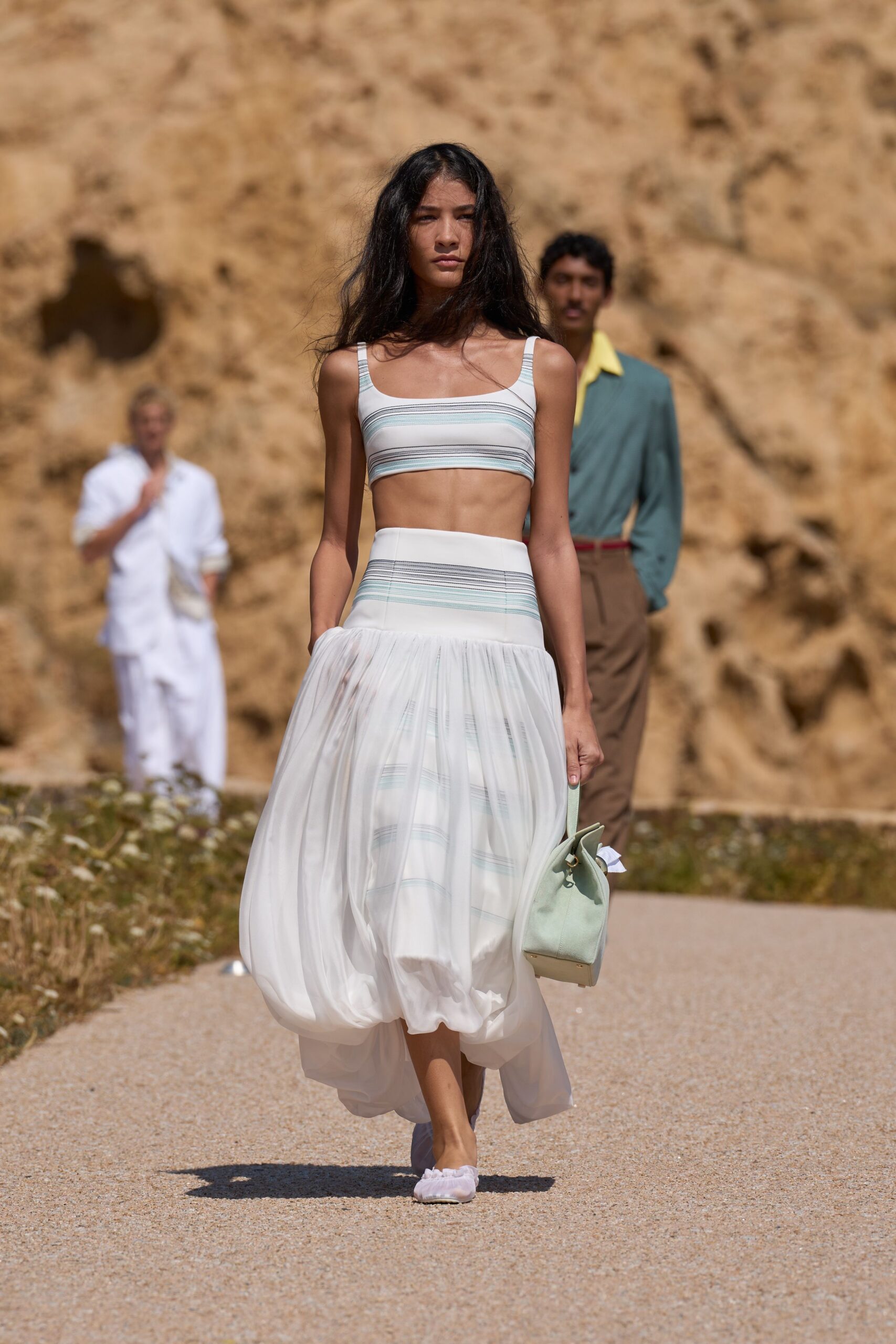 white chiffon relaxed high-waisted pleated flowing midi skirt