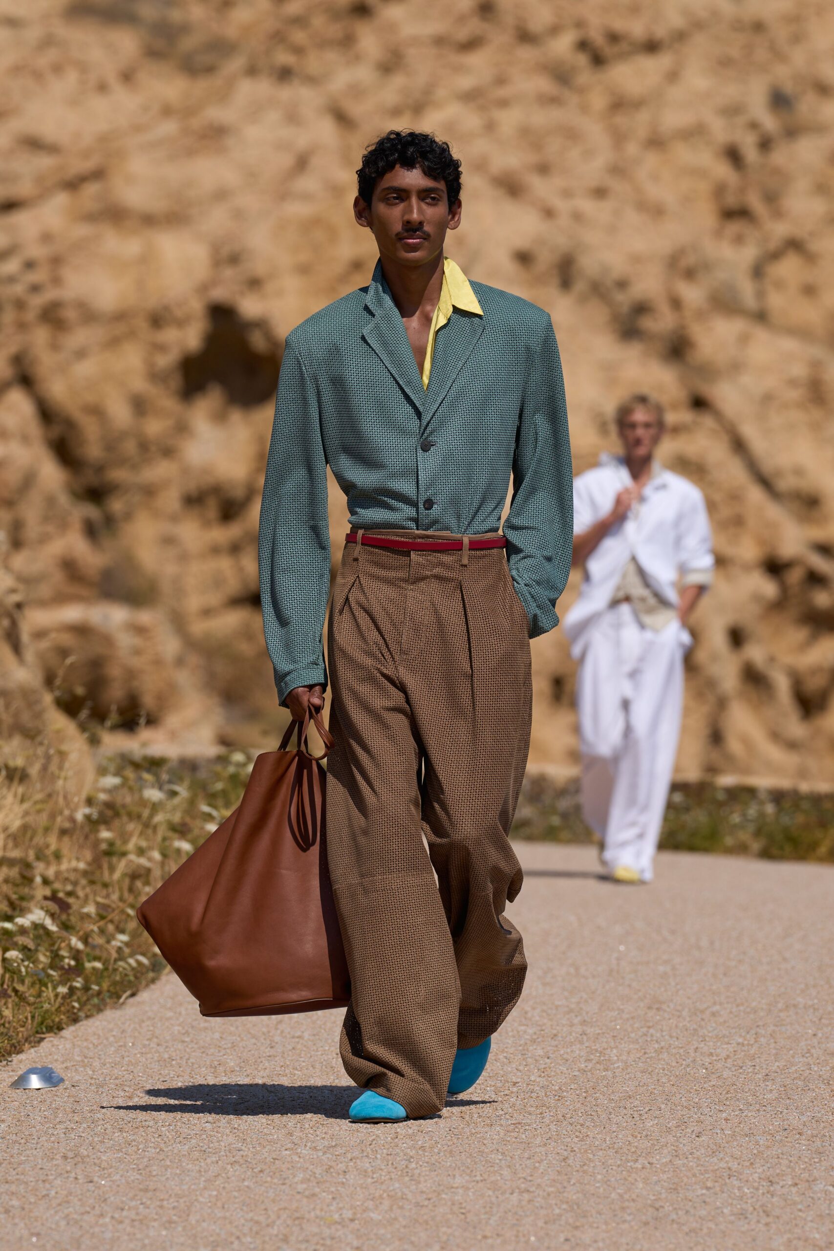 brown cotton tailored high-waisted pleated pants