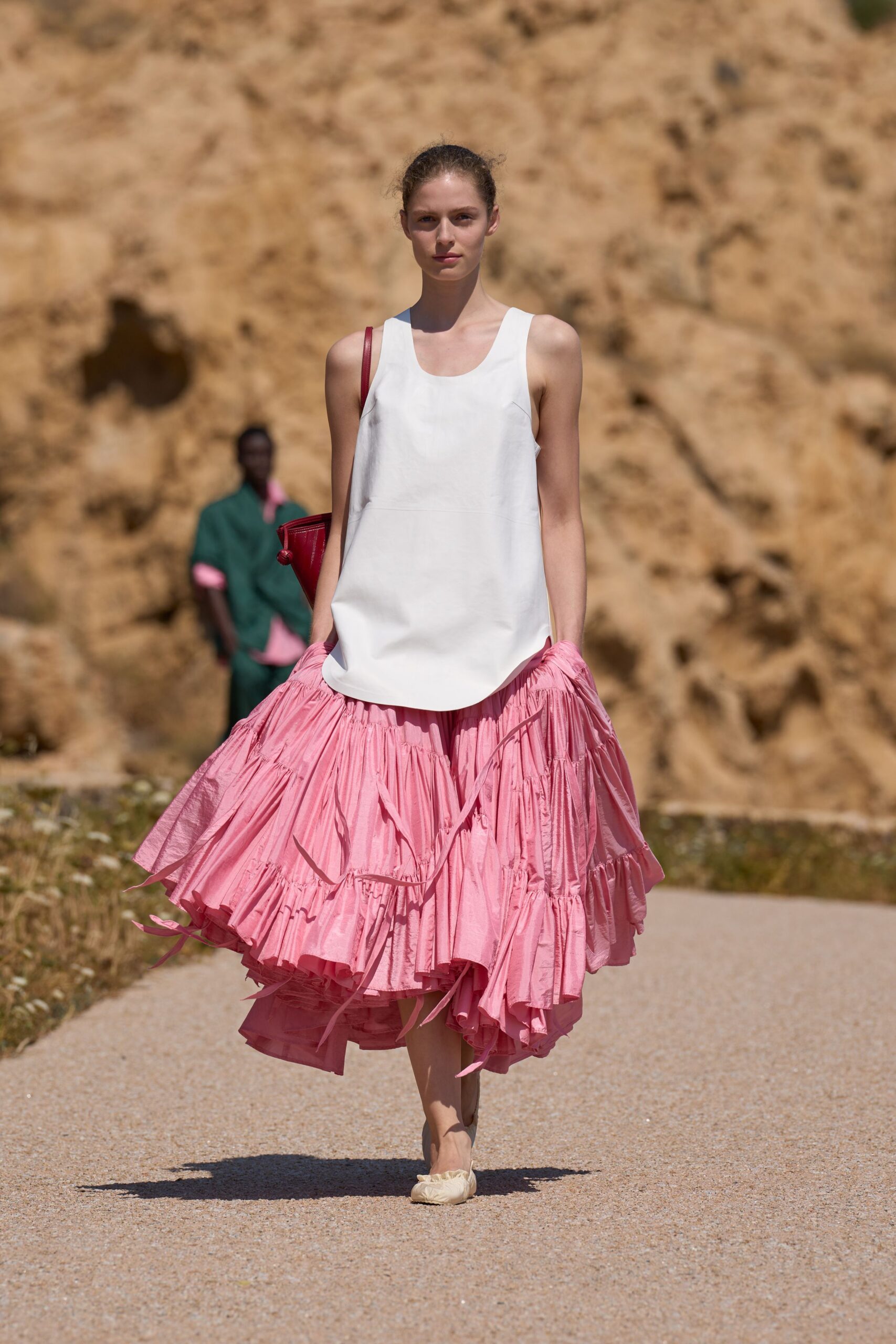 pink cotton fitted pleated midi skirt