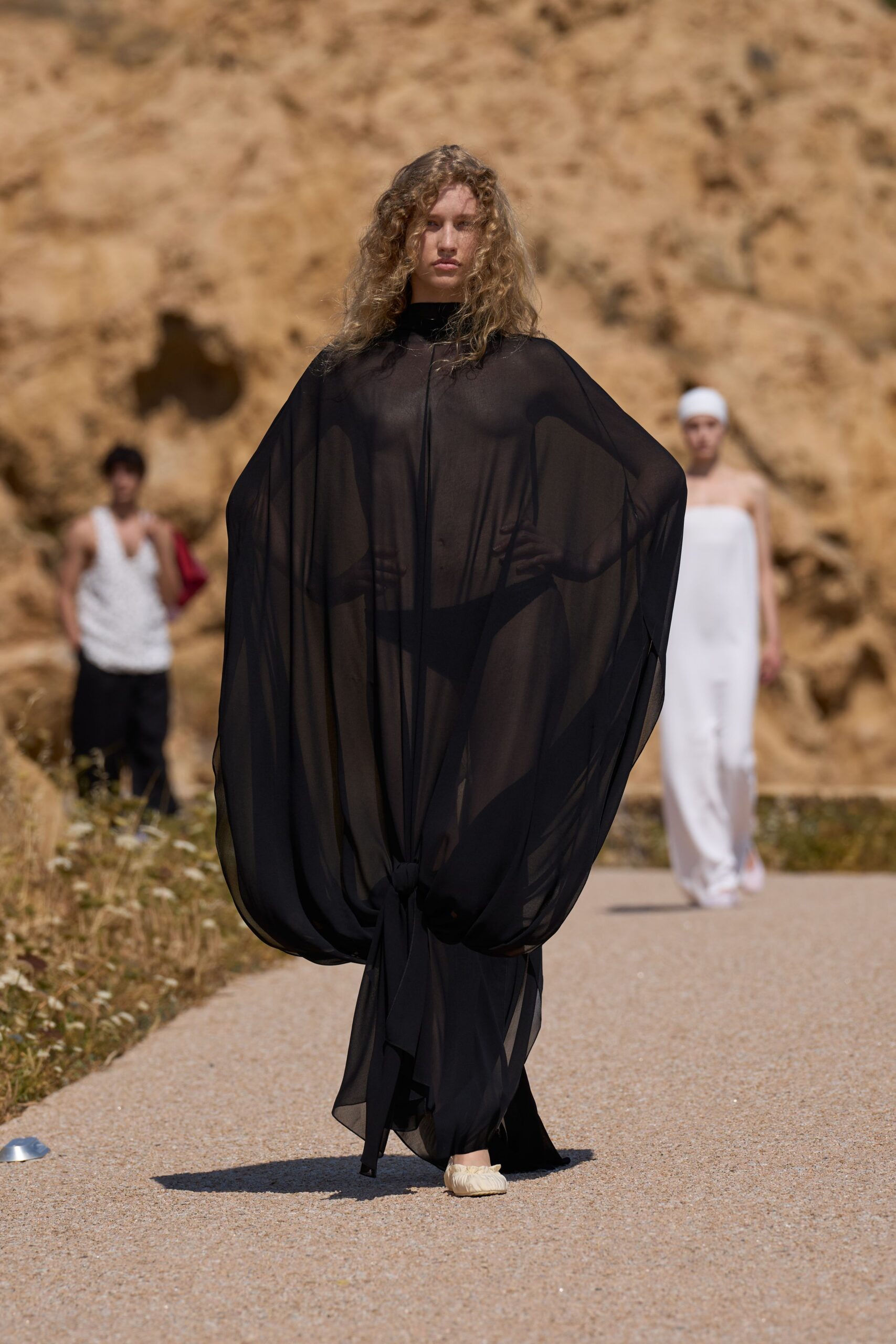 black sheer draped maxi dress