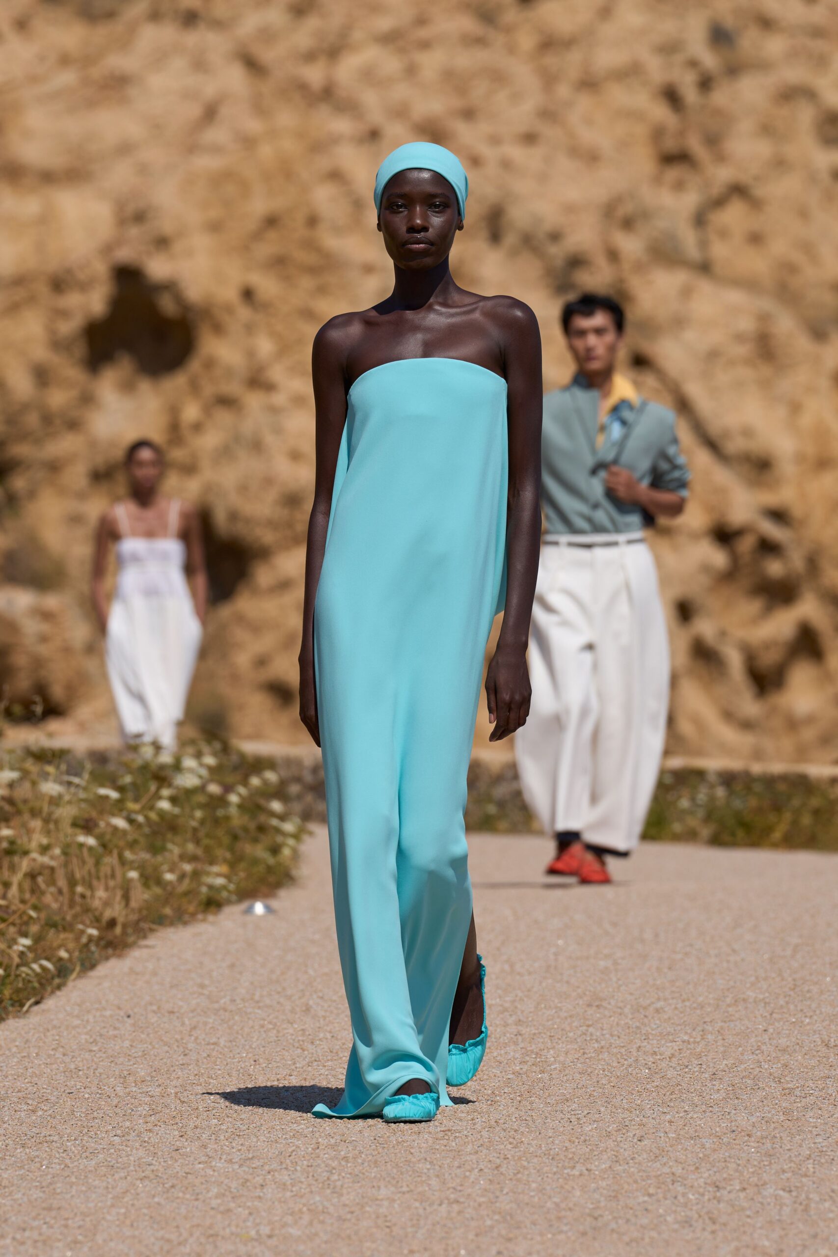 blue silk strapless fitted flowing maxi gown