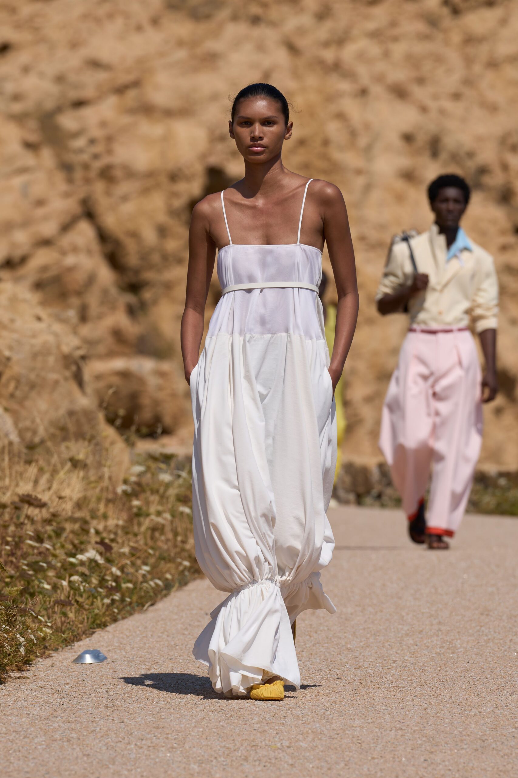 white cotton sleeveless v-neck relaxed pleated layered dress