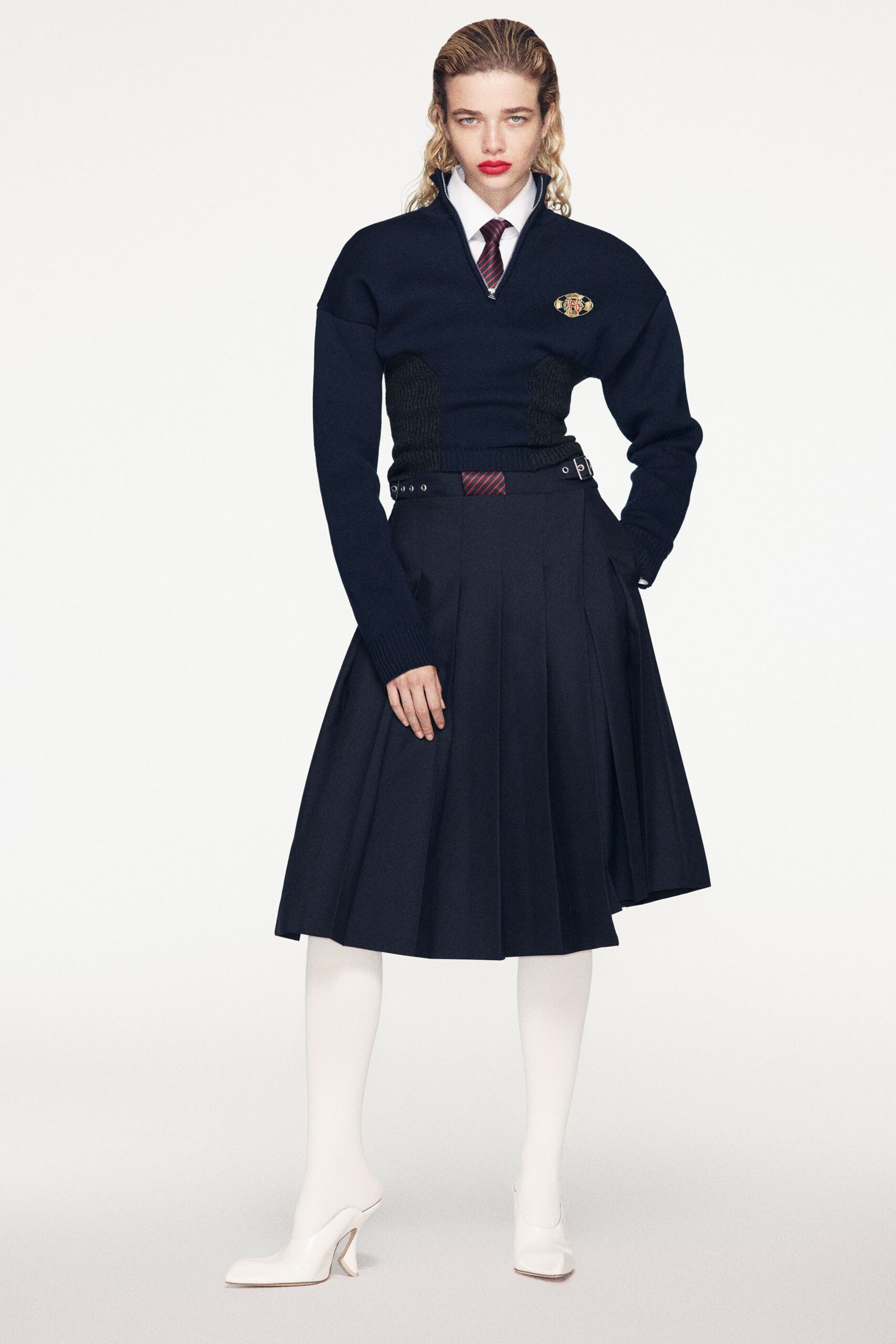 blue fitted pleated midi skirt
