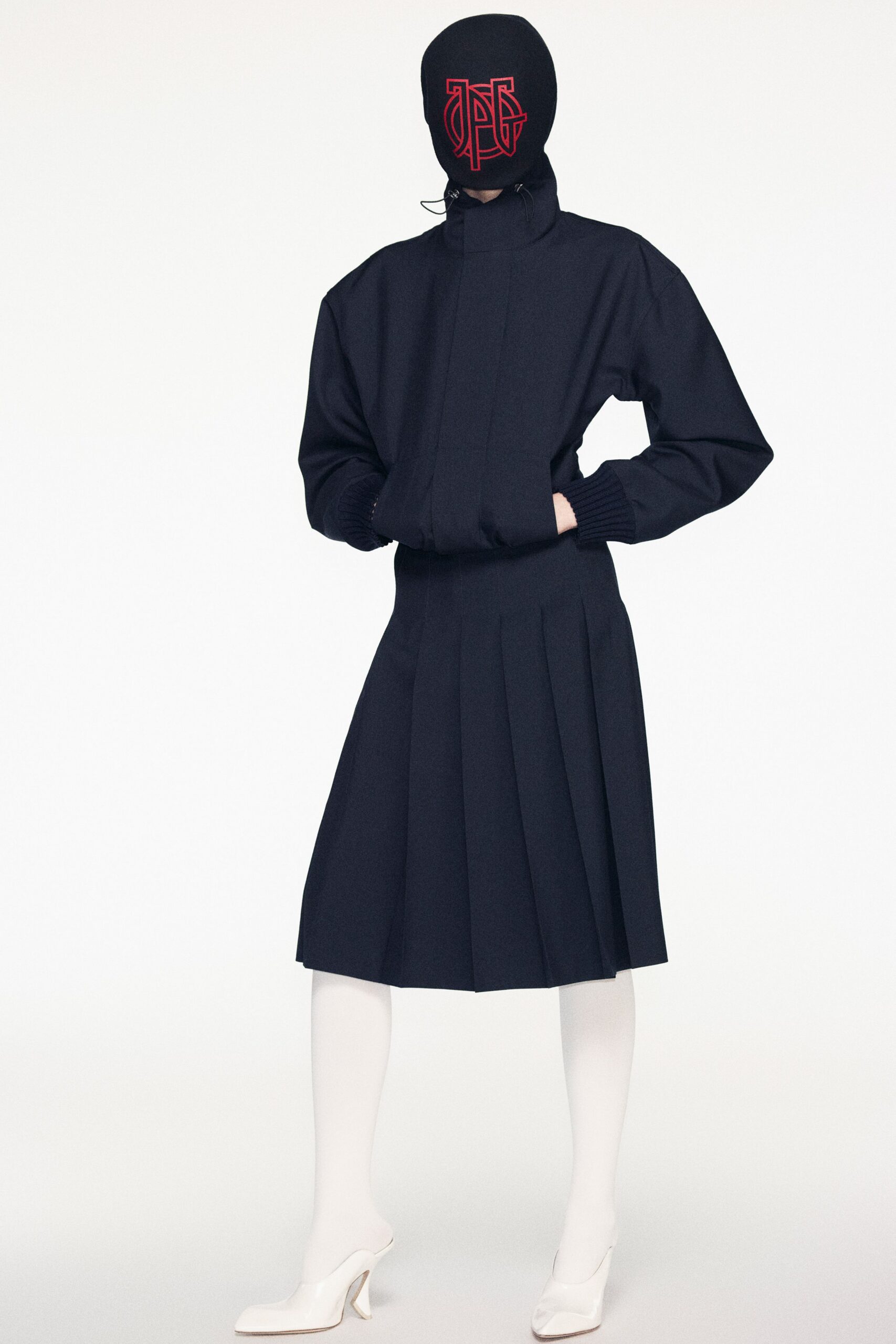 black cotton long-sleeve high-neck relaxed pleated top