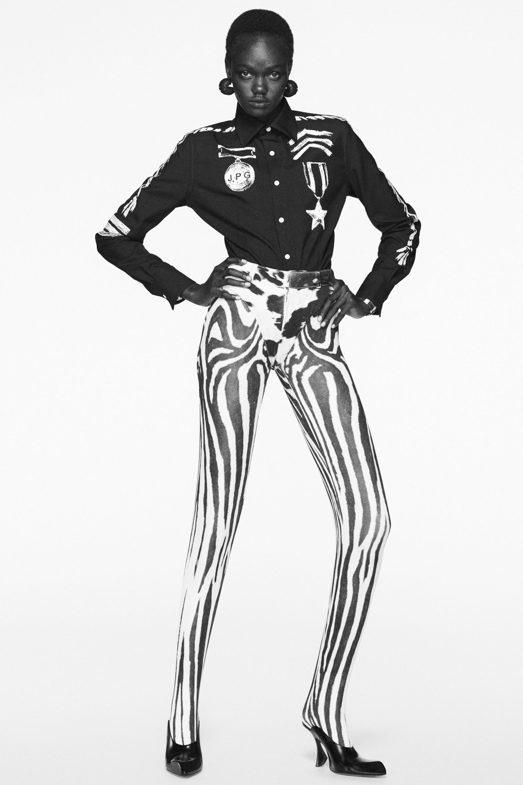 white fitted printed flared pants