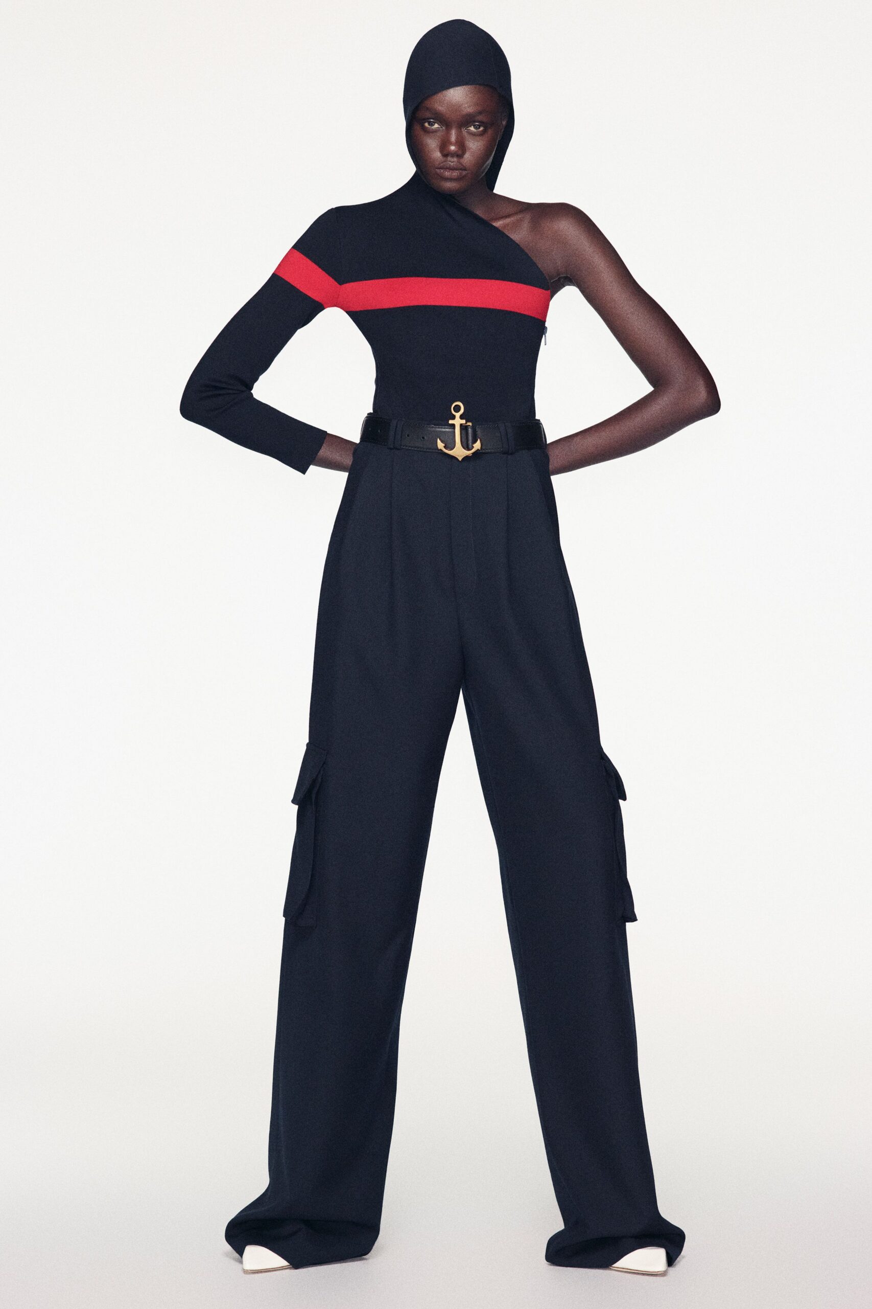 black cotton long-sleeve asymmetric fitted top