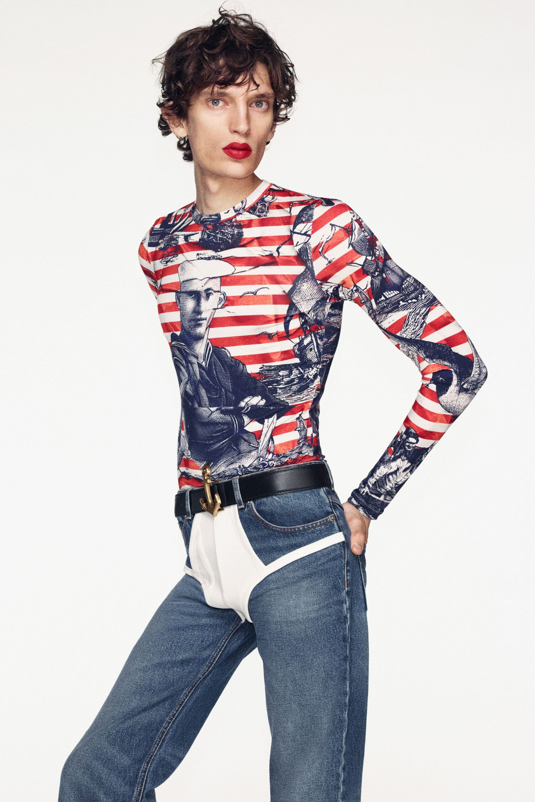red cotton long-sleeve collared fitted printed top