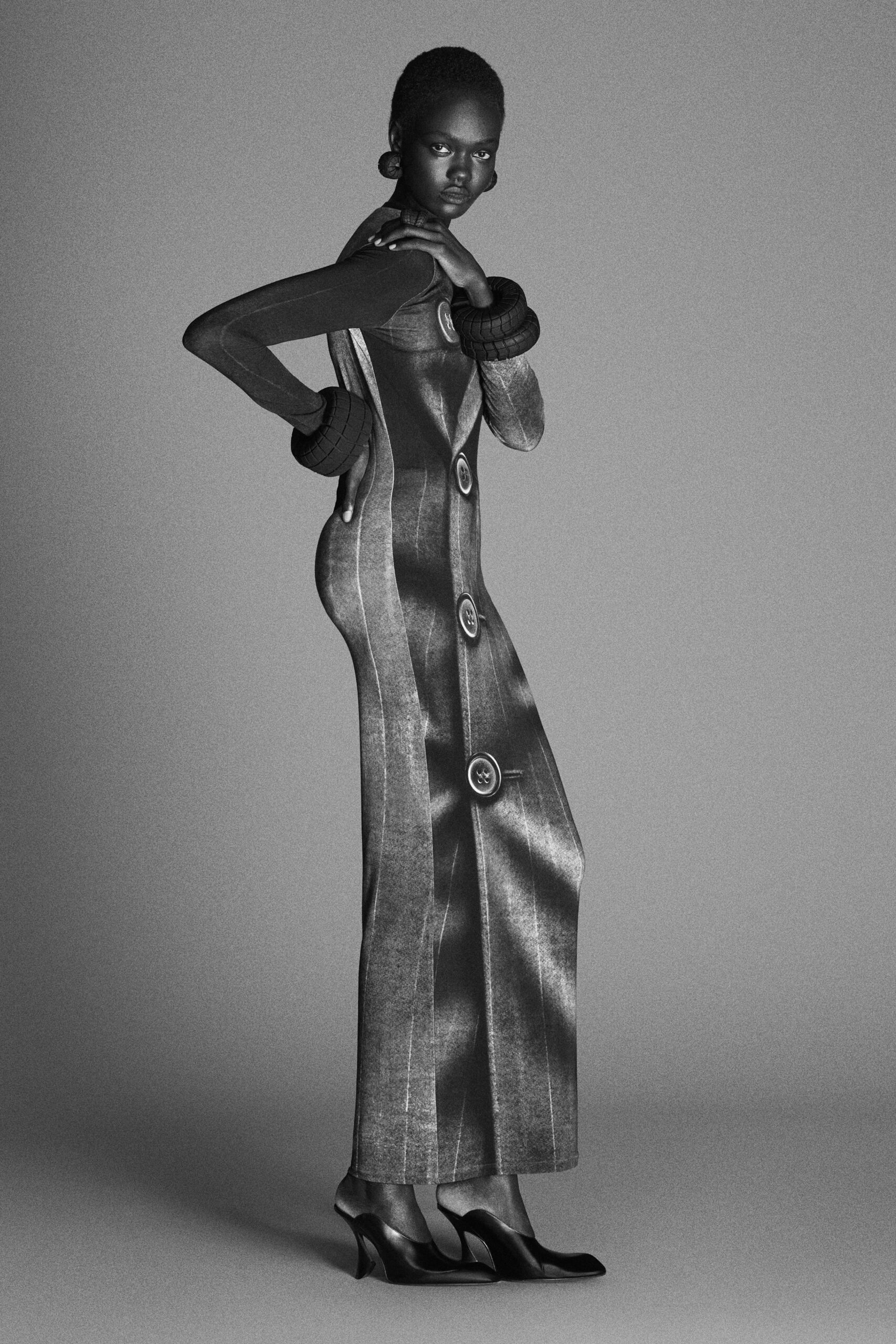black denim long-sleeve collared fitted buttoned straight-leg dress
