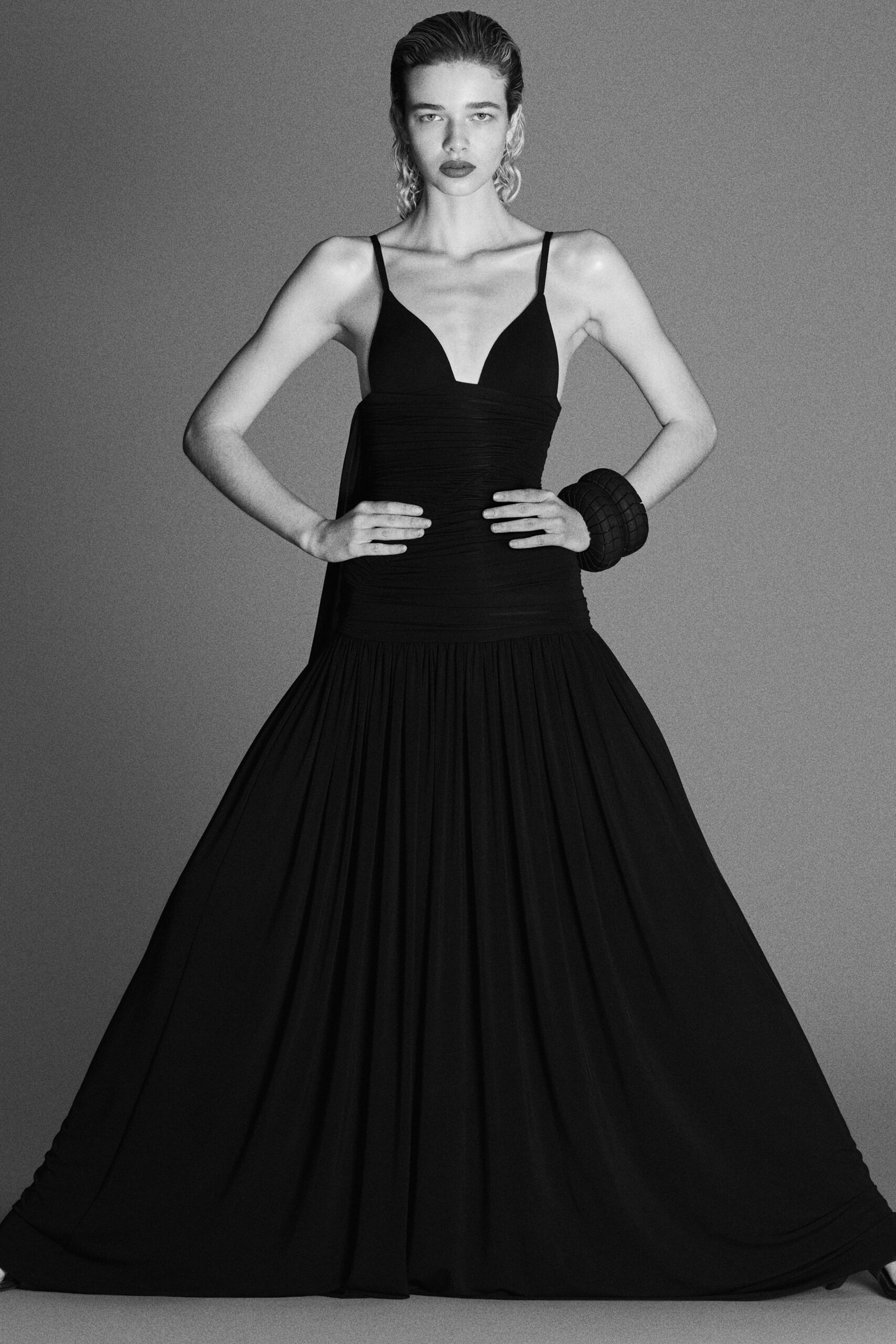 black silk sleeveless gown