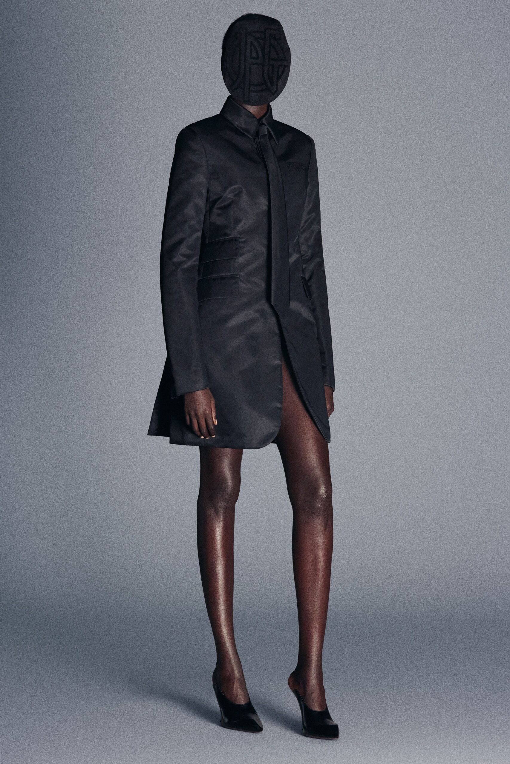 black silk long-sleeve collared fitted buttoned mini dress