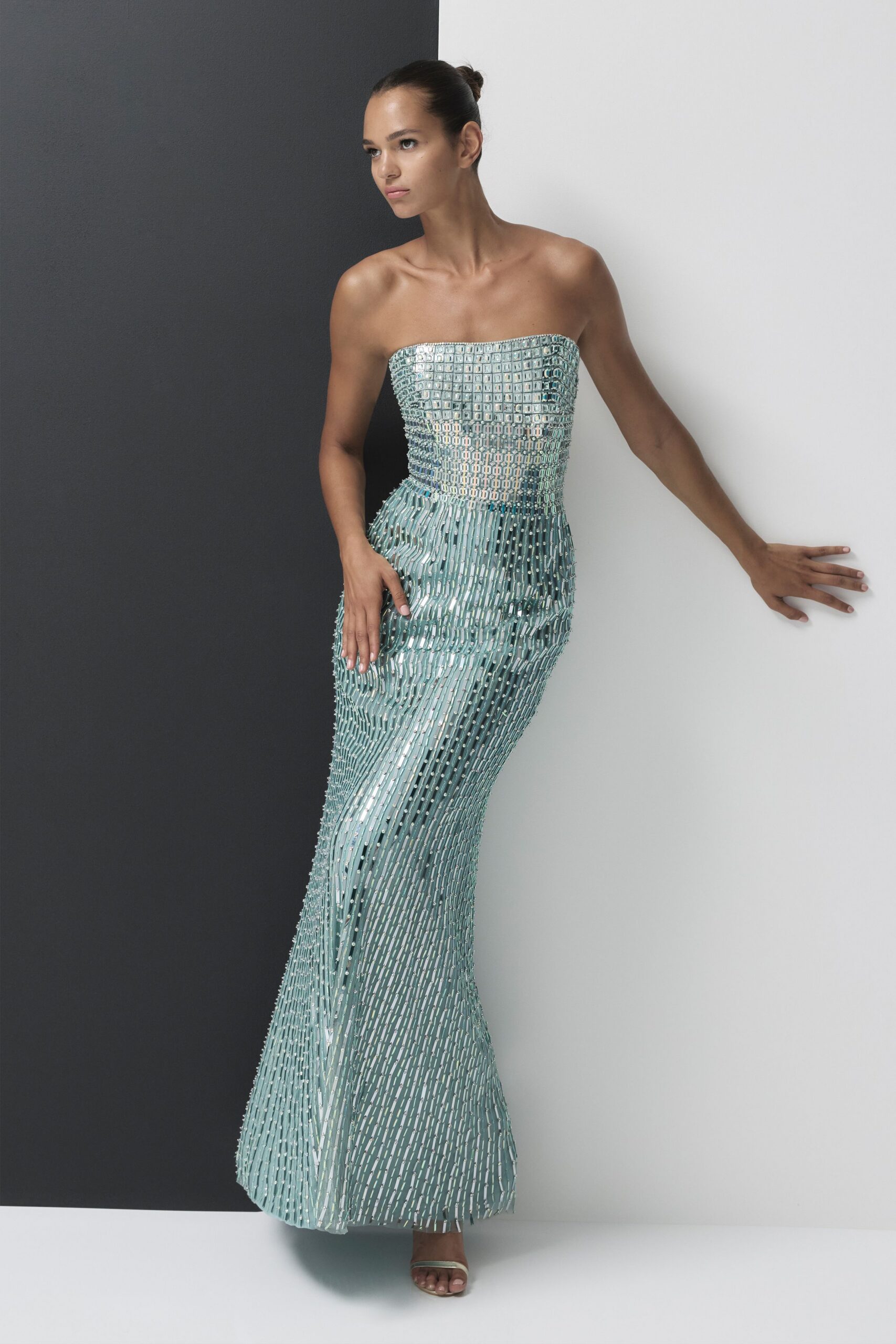 teal silk strapless fitted beaded textured shiny gown