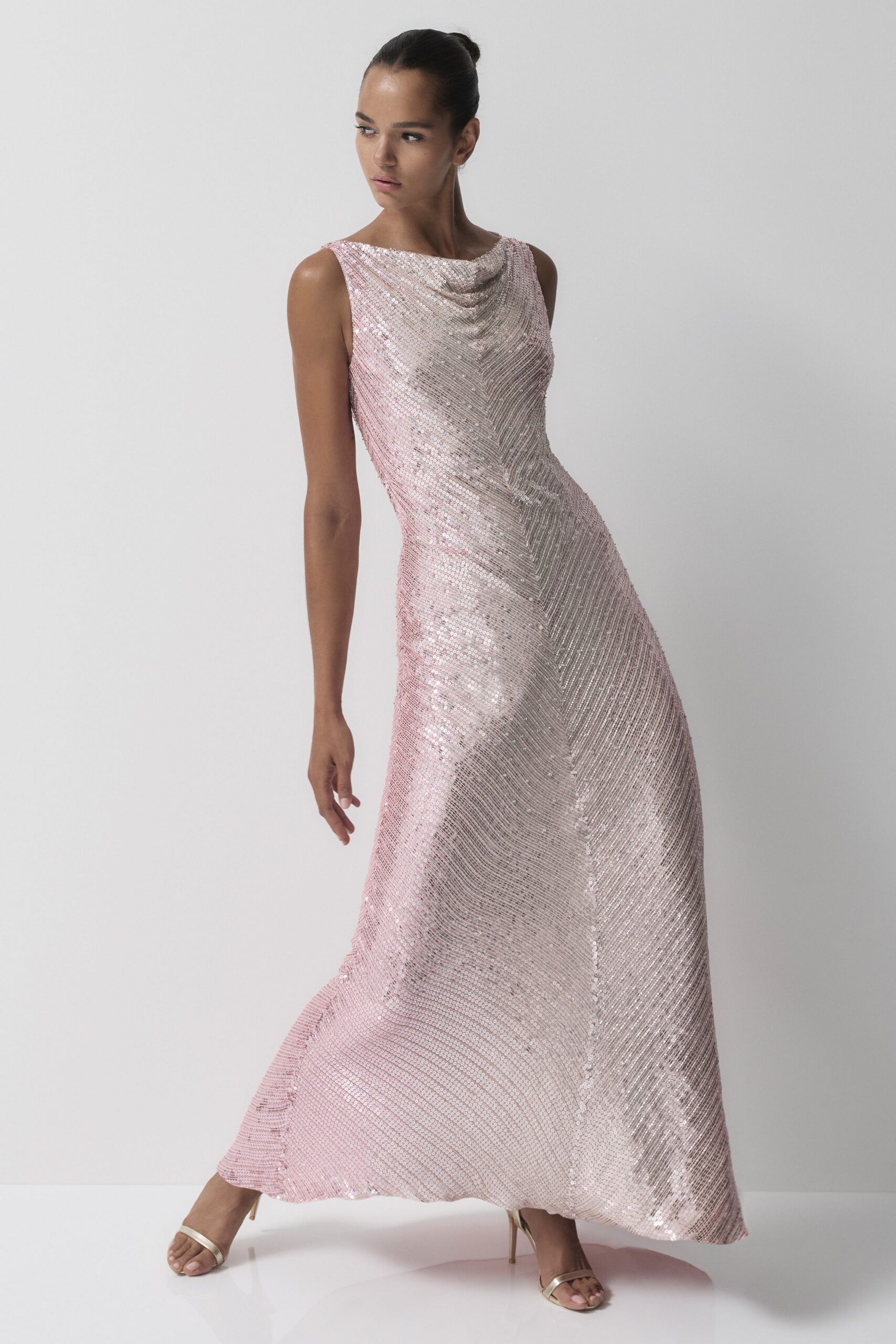 pink sequin sleeveless high-neck fitted draped shiny gown