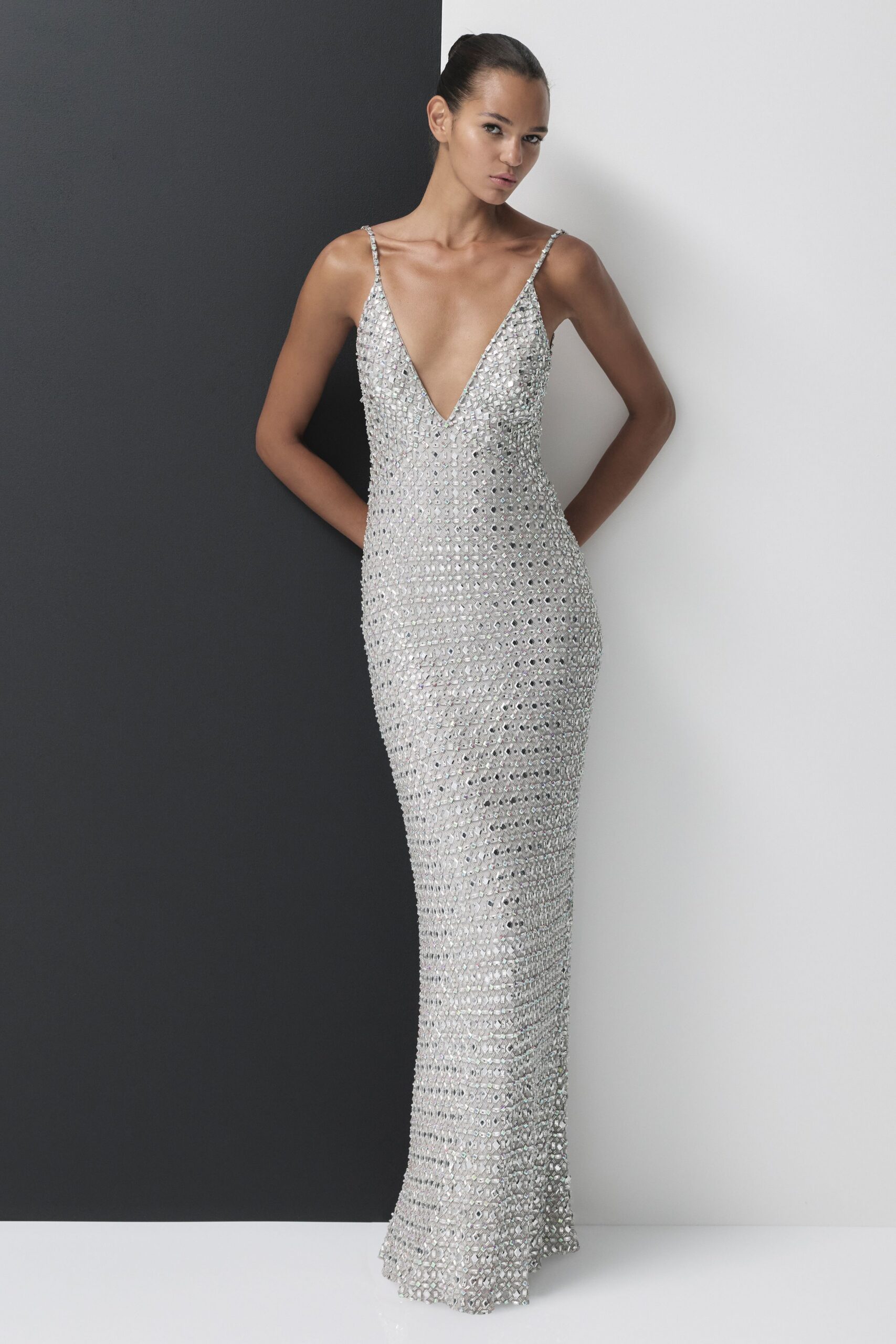 silver beaded sleeveless gown