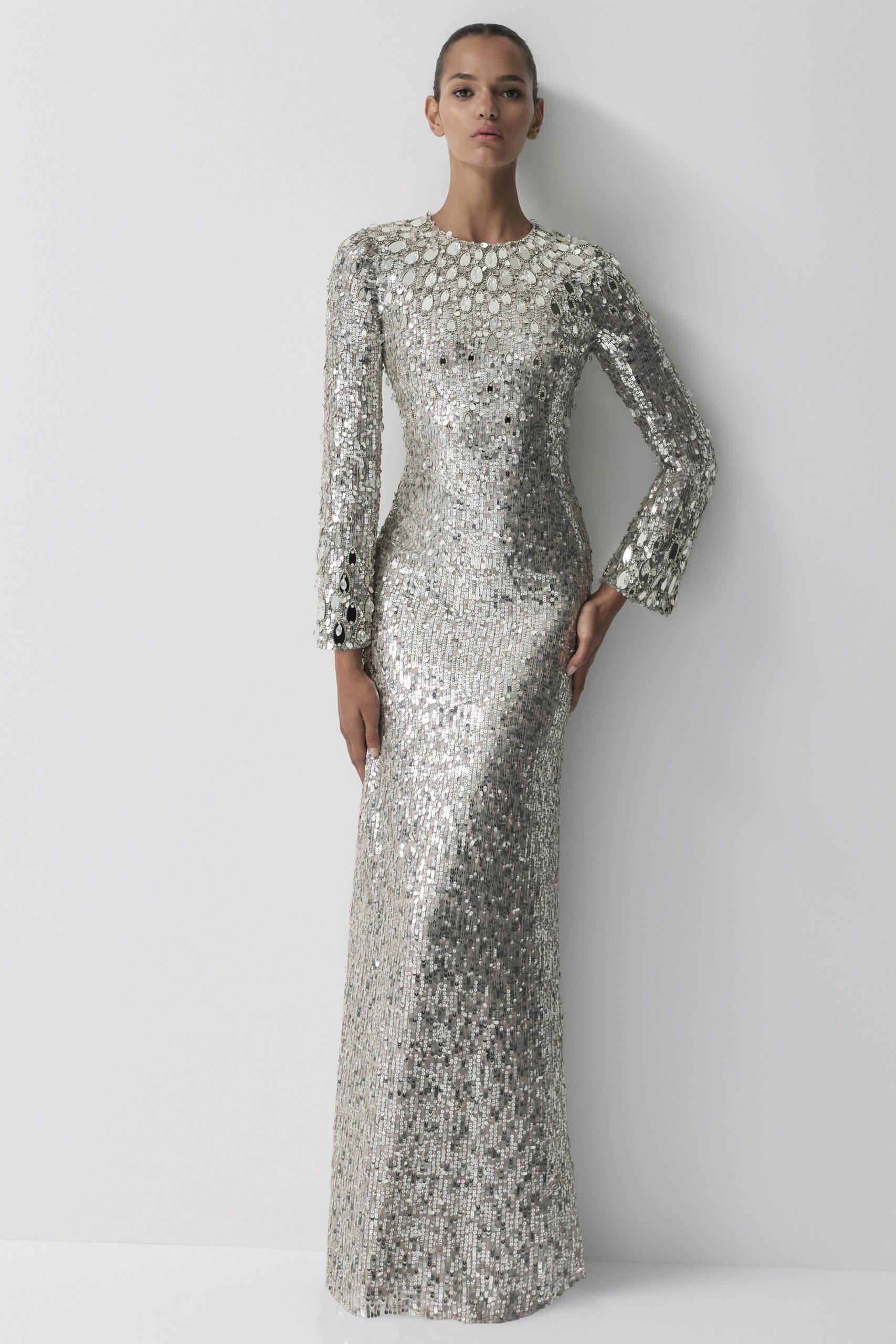 fitted silver sequin gown
