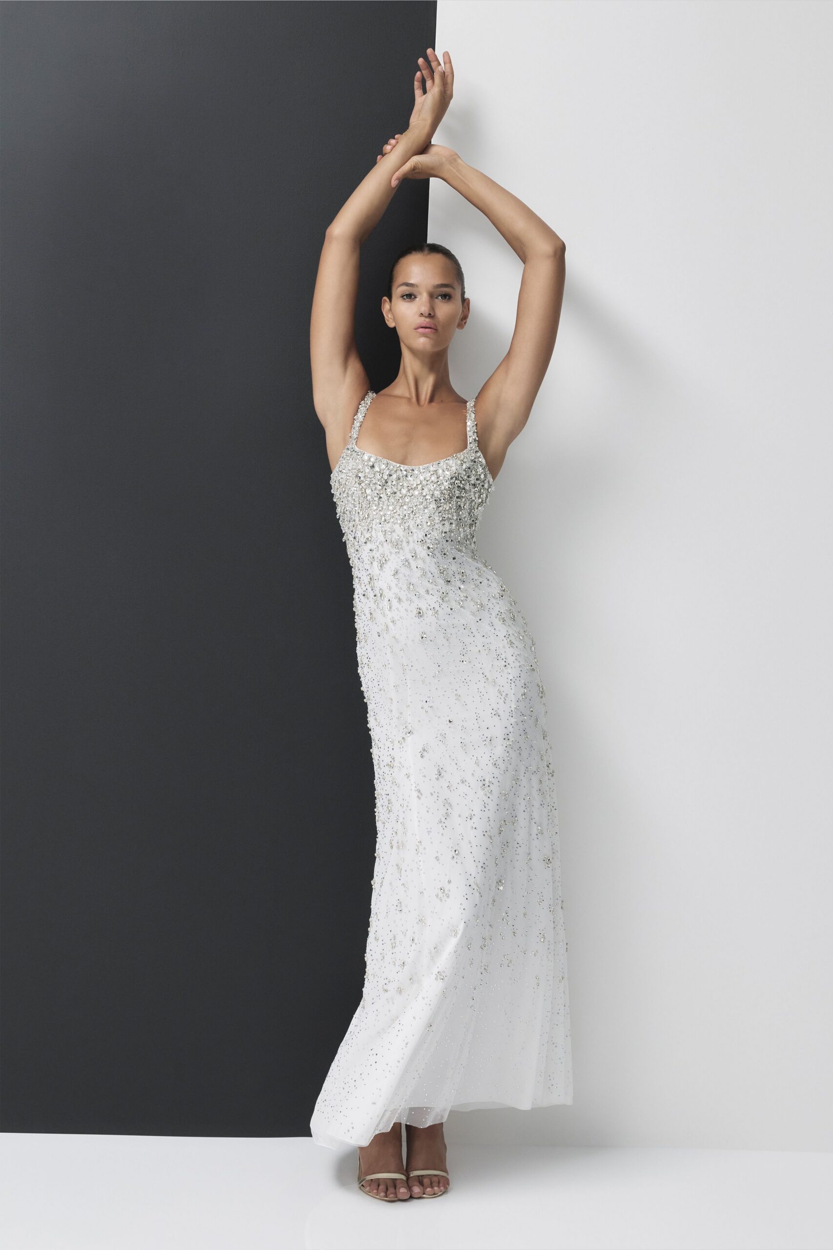 white silk sleeveless square-neck fitted beaded gown
