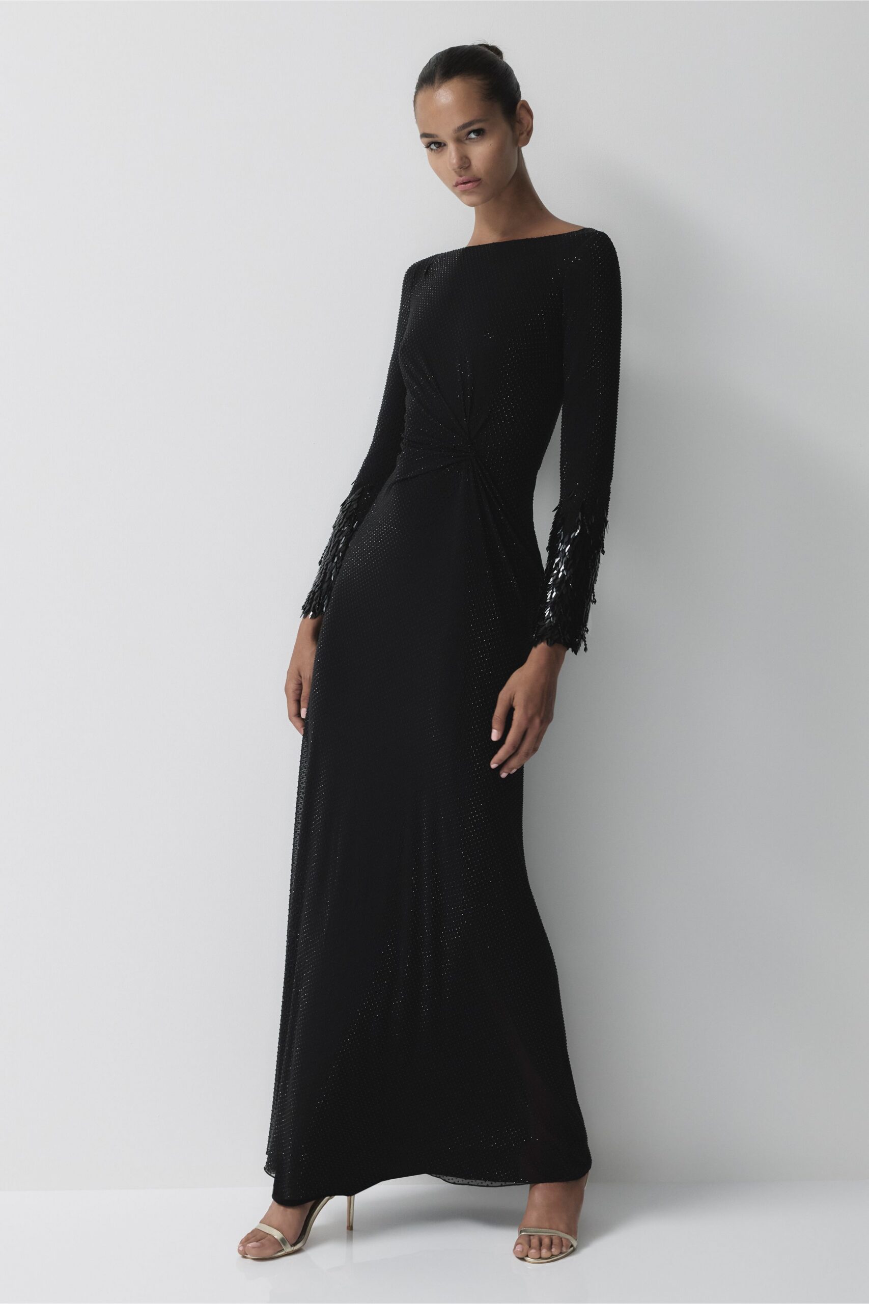 black silk long-sleeve square-neck fitted ruched embellished gown