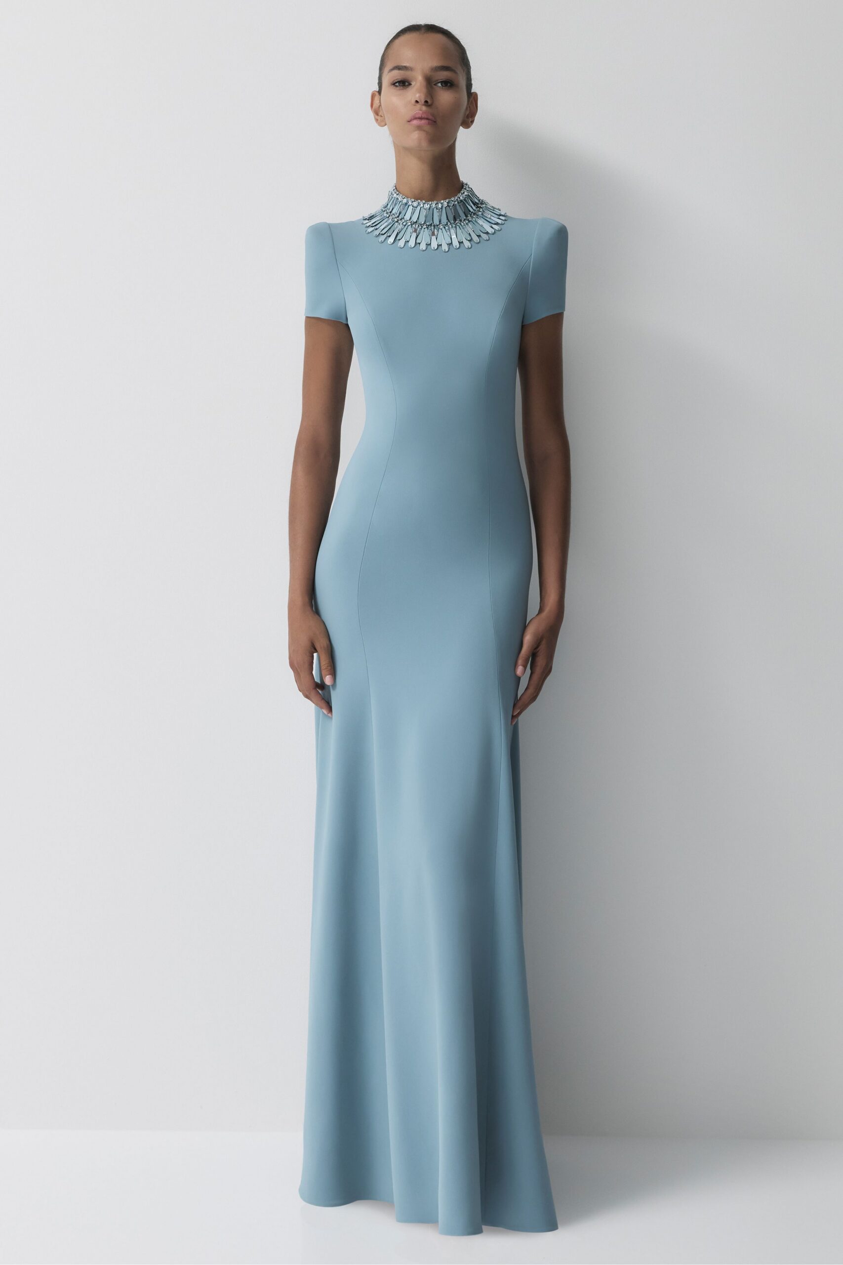 blue fitted short-sleeve gown
