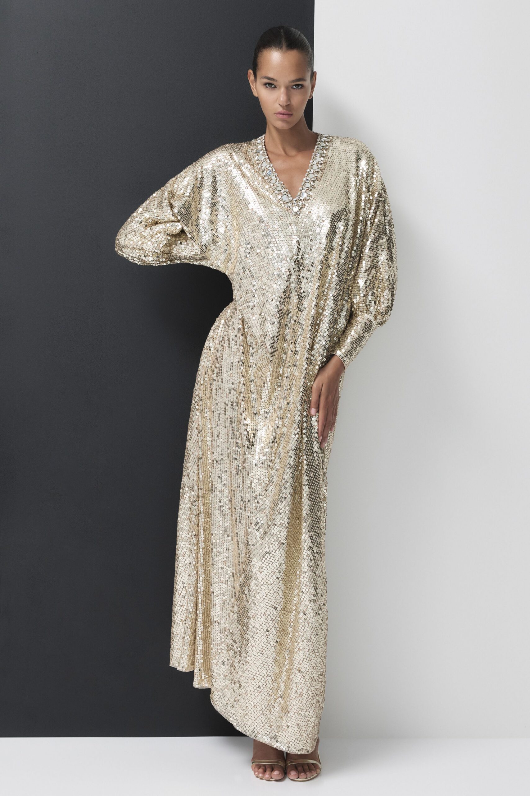 gold sequin long-sleeve v-neck relaxed draped shiny gown