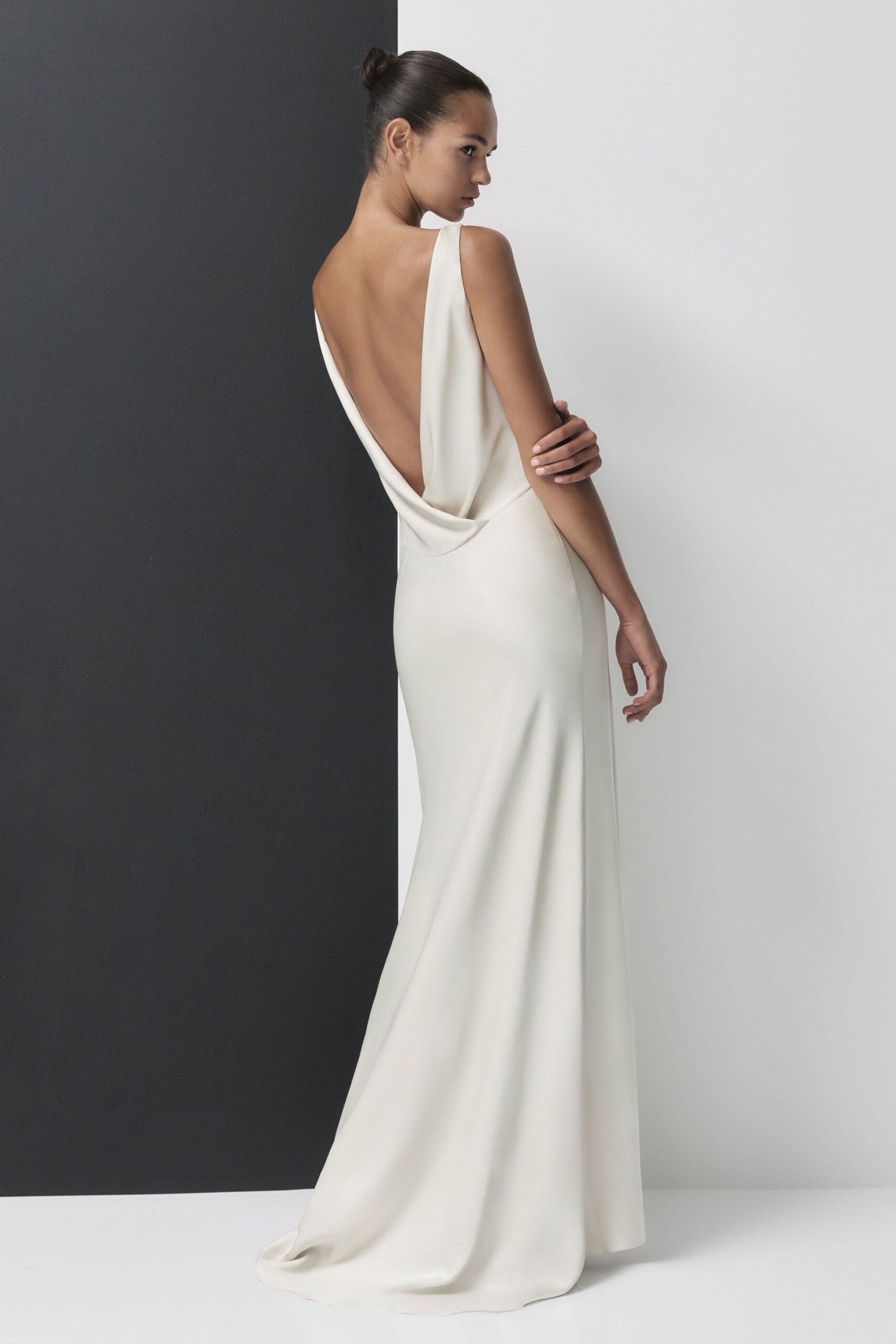 white silk backless gown