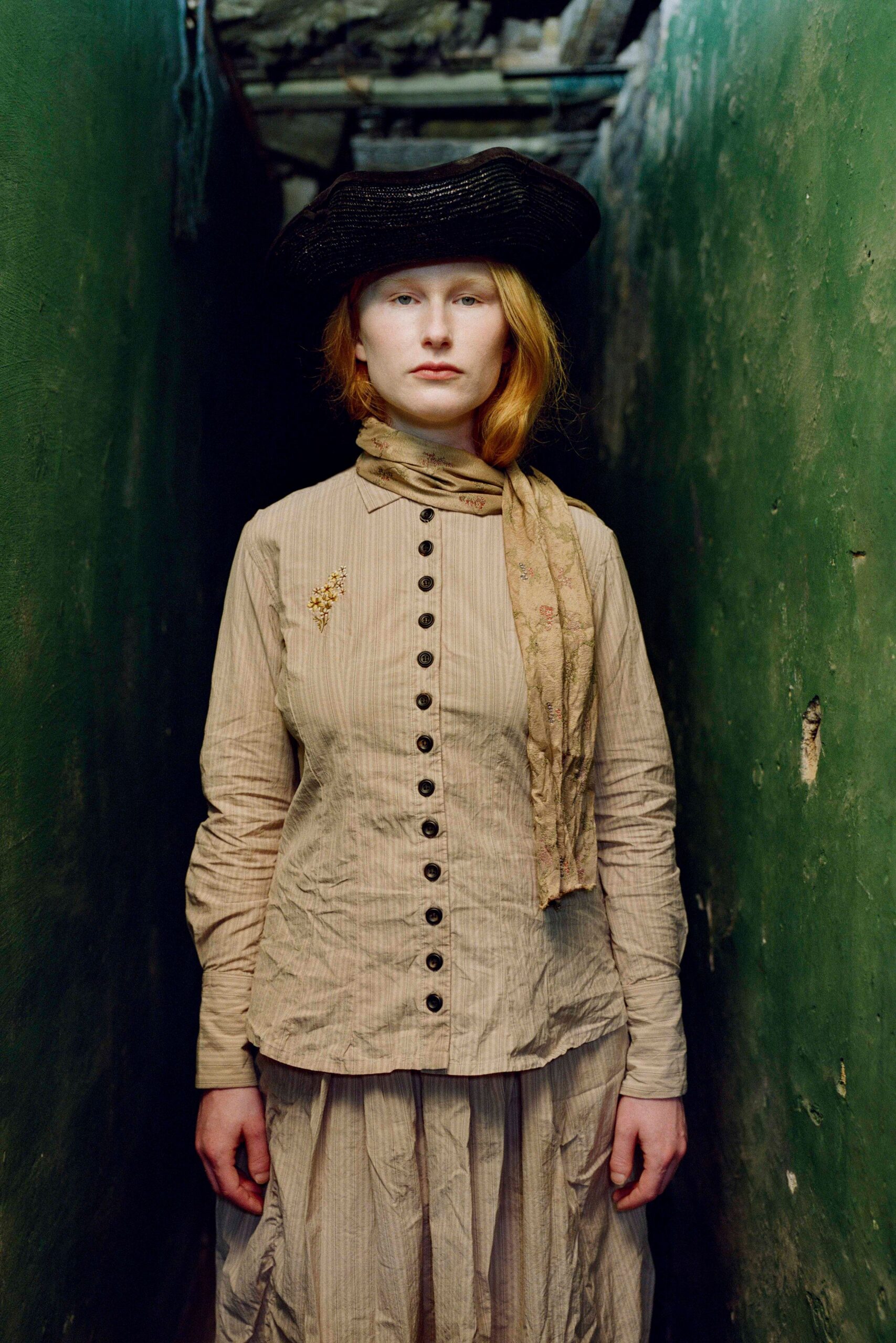 beige shirt and tiered skirt