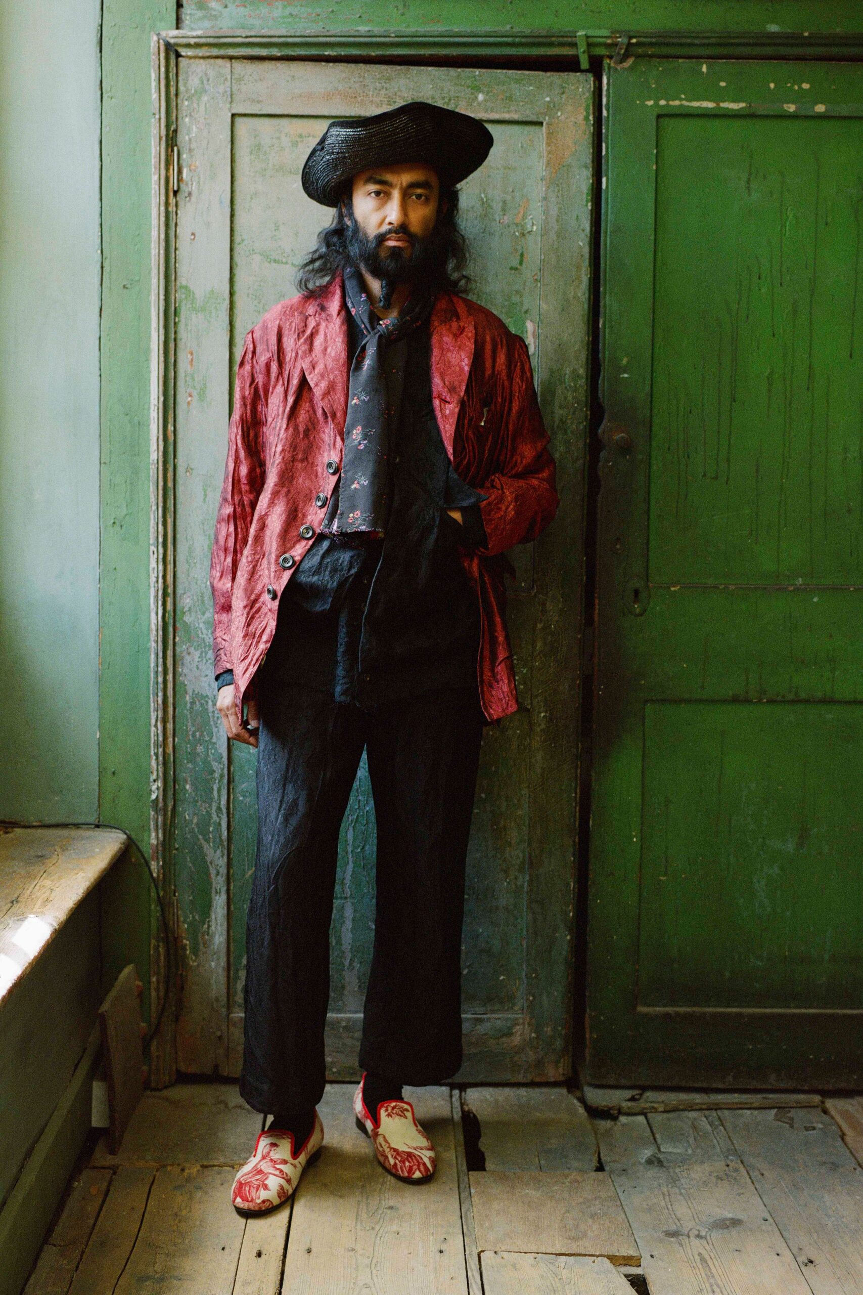 red silk jacket black shirt
