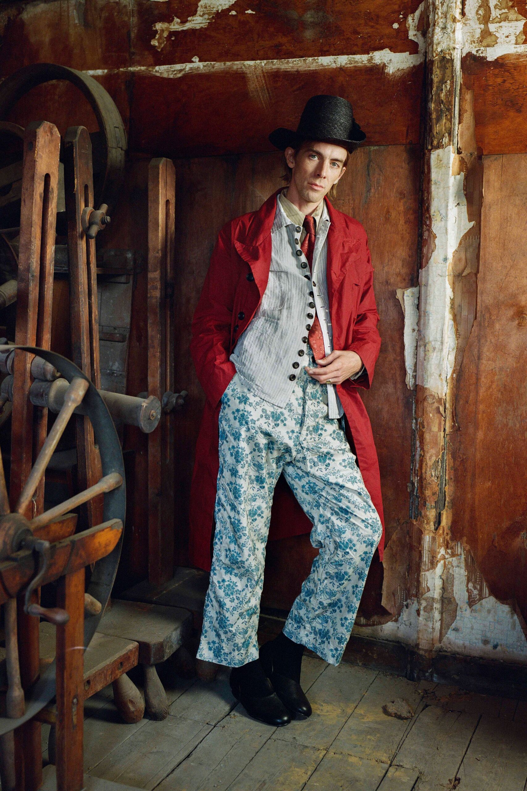 red coat with floral pants
