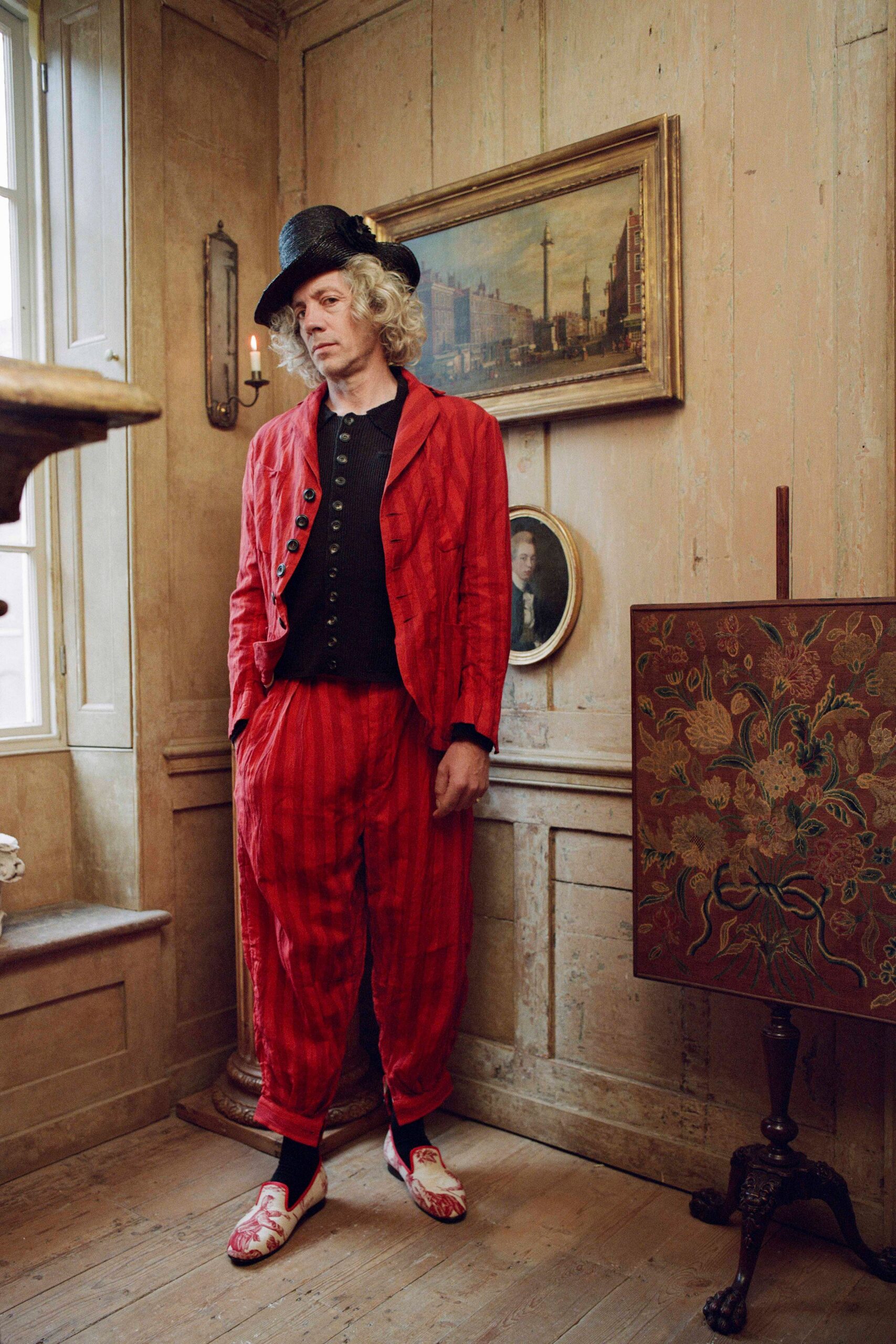 red cotton relaxed striped pleated pants